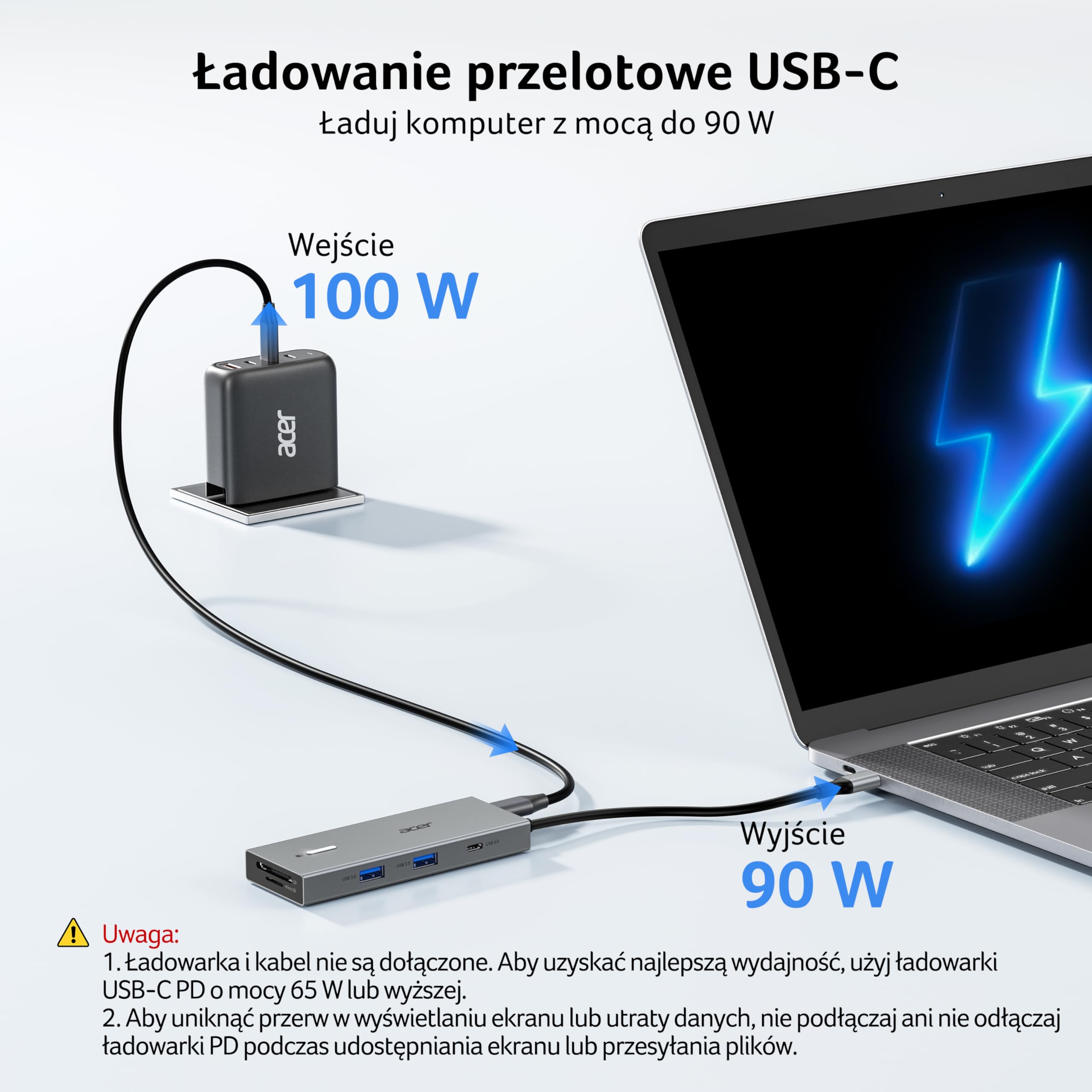 acer USB-C Hub 9w1, Stacja dokująca do laptopa z 4K@60Hz Dual HDMI, 3 USB-A 3.0 (5Gbps), port danych typu C, 100W PD, gniazdo na kartę SD/TF, do Acer, laptopów, MacBooka, iPada, Surface, XPS itp.