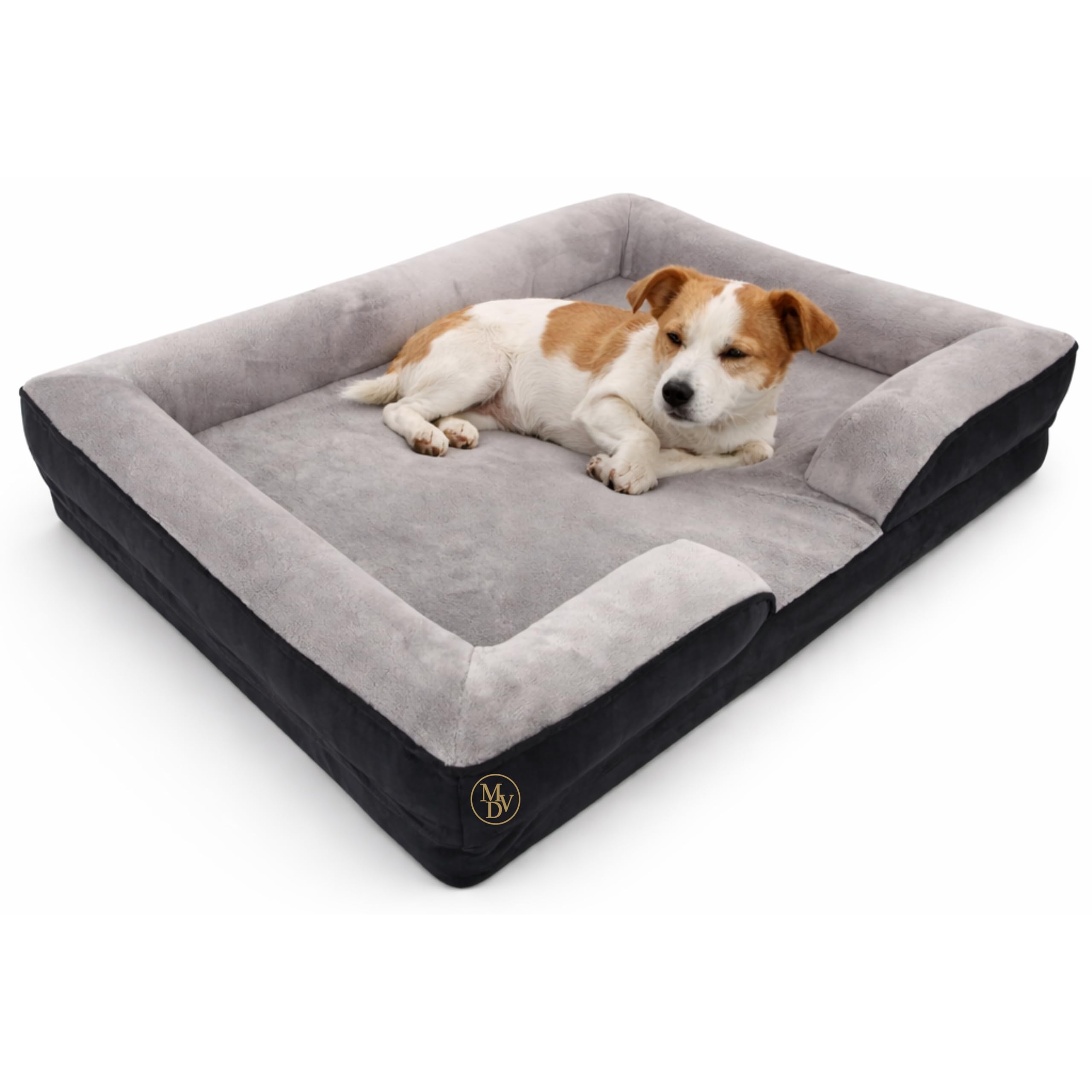 MODOVO Orthopedic Dog Sofa Bed 78x58x11cm Medium Pet Bed with Soft Fleece Lining, Raised Bolsters, Deep Cushion Base, Non Slip Water Resistant Washable Bed for Dogs Cats(Black and Grey)