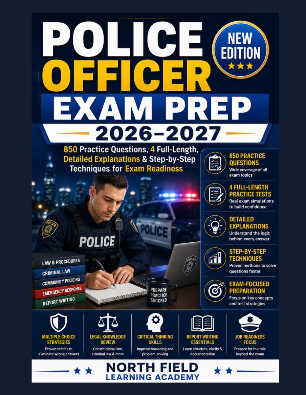 POLICE OFFICER EXAM PREP 2026–2027: 850 Practice Questions, 4 Full-Length Exams, Detailed Explanations & Step-by-Step Techniques for Exam Readiness