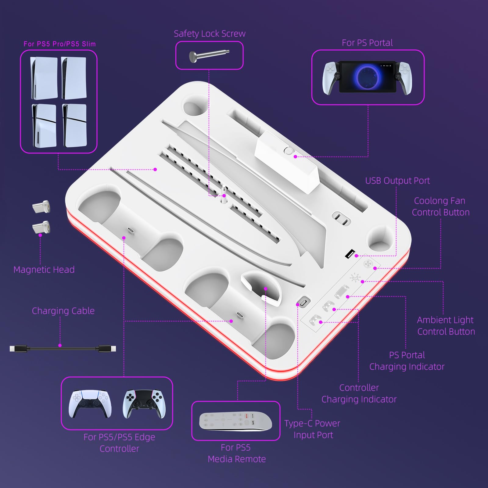 PS5 Pro/PS5/PS5 Slim Ständer mit PS Portal und PS5 Controller Ladestation, PS5 Vertikale Klammer mit 3 Stufig Lüfter Gleichzeitiges Laden von DREI Geräten, Lagerung für PS5 Zubehör (Weiß für PS5 Pro)