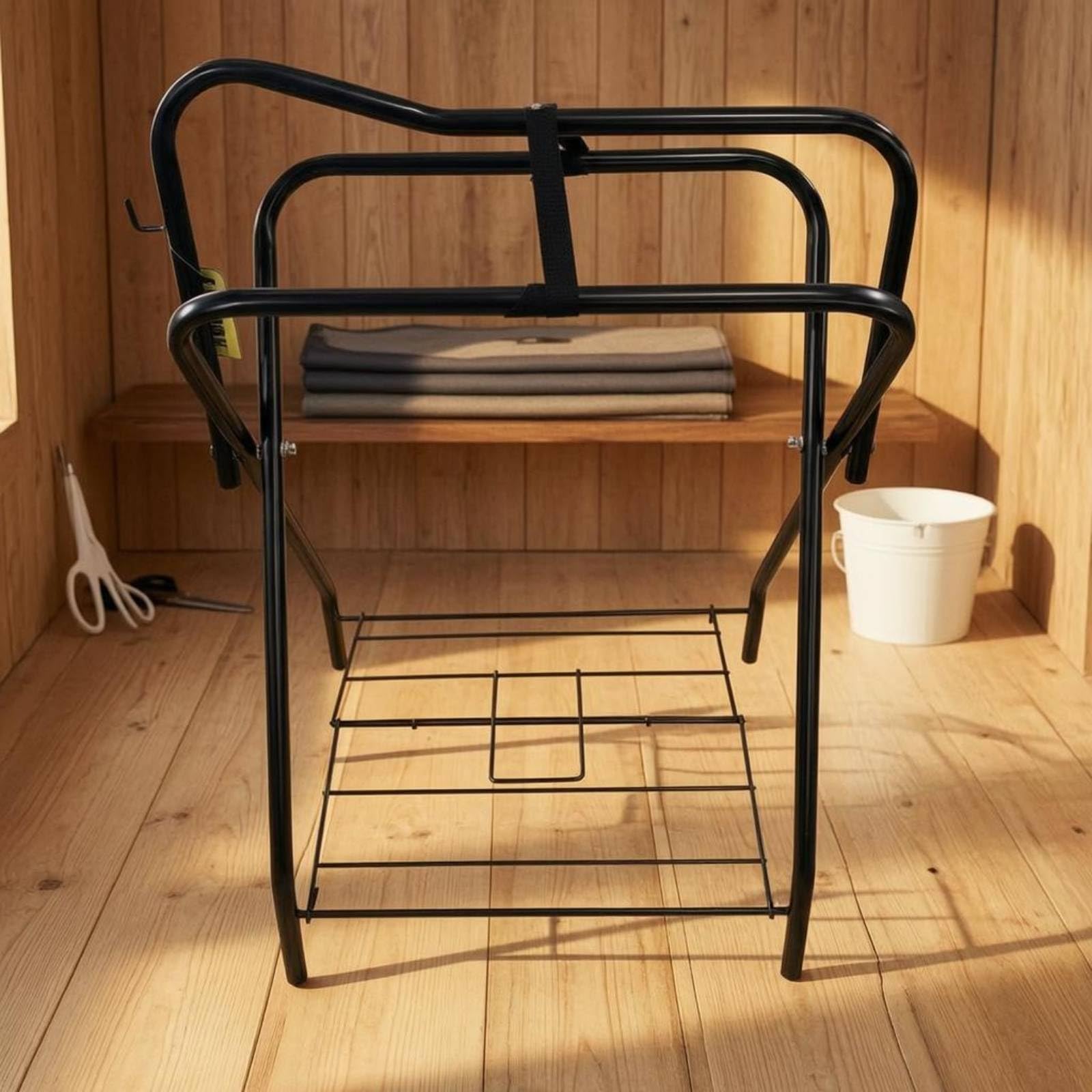 Milageto Supporto Sella Porta Sella Cavallo Cavallerizza Metallo Verniciato Nero con Guide Superiori Arrotondate E Piano Inferiore a Rete per Attrezzatura