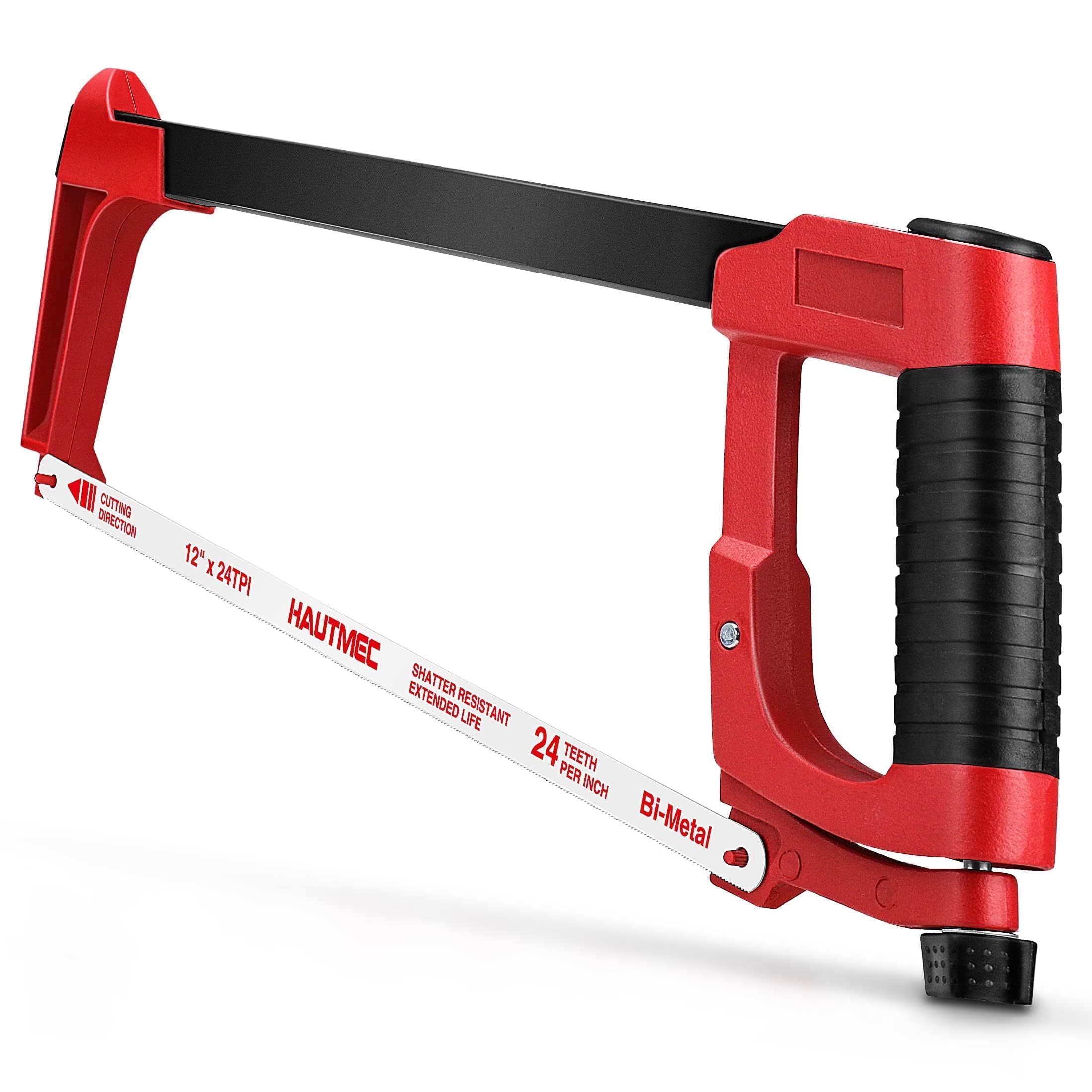 HAUTMEC 300mm (12") Heavy Duty Hacksaw, Adjustable High Tension Metal Saw with Blade Storage, 45°/90° Cutting Angles, Non-Slip Soft Grip, 24 TPI Bi-Metal Blade