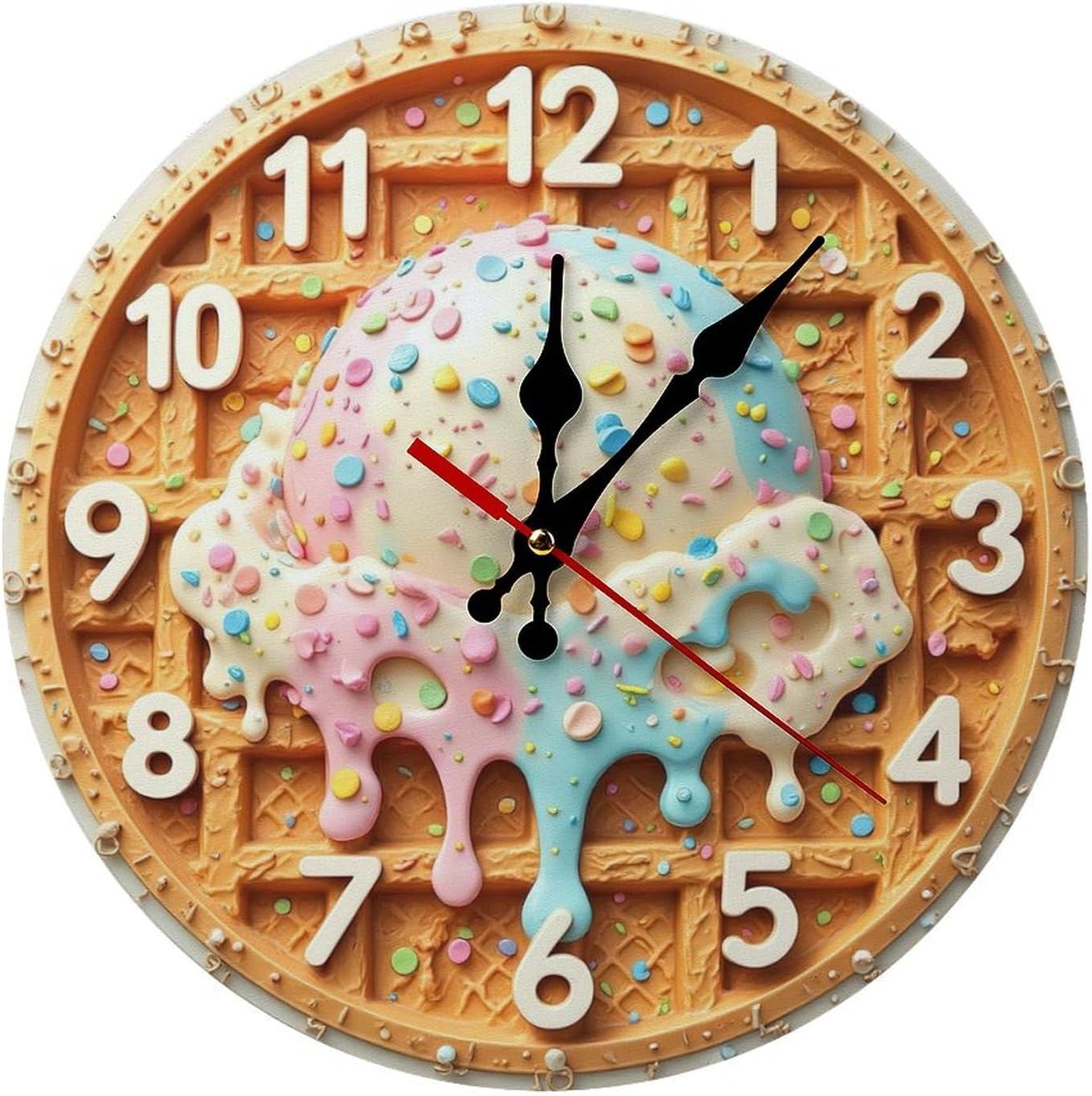 Creative Waffle Ice Cream Clock Wall Decor 2D 12 Inch Silent Wall Clock Battery Operated, Frameless Wooden Round Clock with Quartz Movement for Bathroom, Kitchen, Living Room, Bedroom