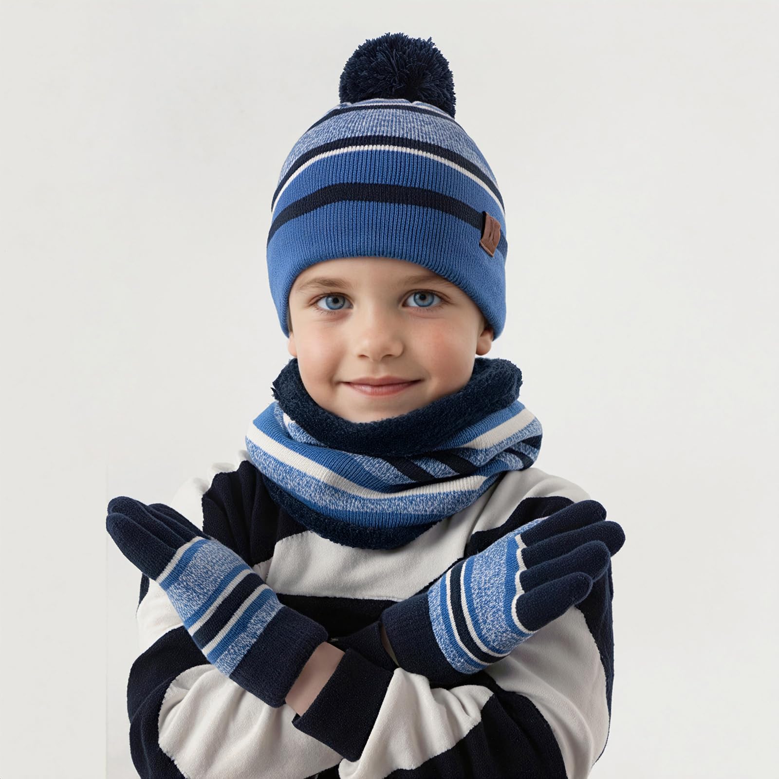 LACOFIA 3 Piezas Conjunto de Gorro Bufanda Guantes Invierno para Niños Beanie Punto con Pompon Sombrero Forro Polar Térmico para Niños 2-7 Años