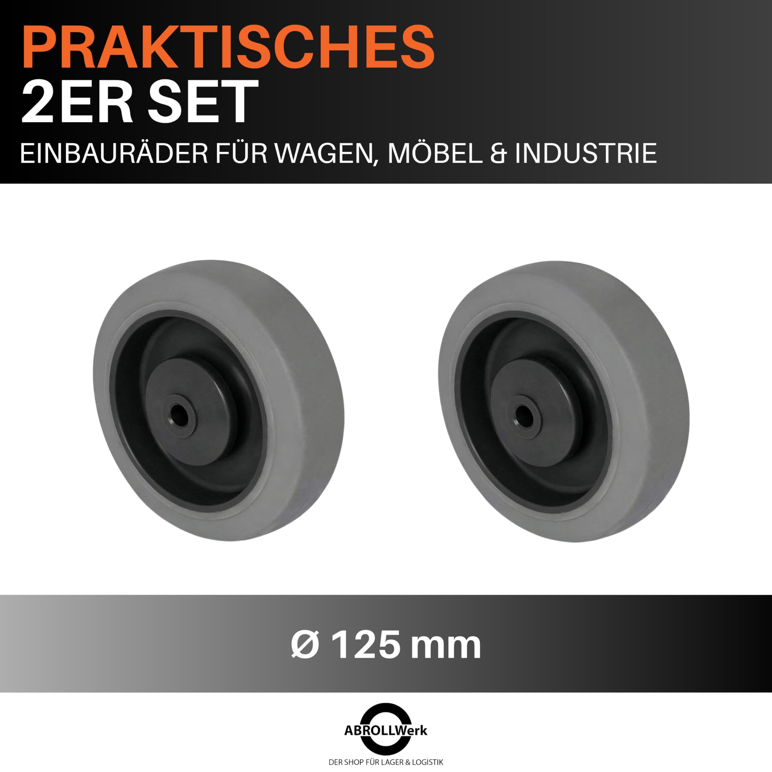 2er Set Einbaurad 125 mm – Gummirollen grau, spurlos – langlebiges Ersatzrad mit Kugellager & Achszubehör M10 – Vielseitig & Leise Transportrollen für Möbel, Werkstatt & Industrie
