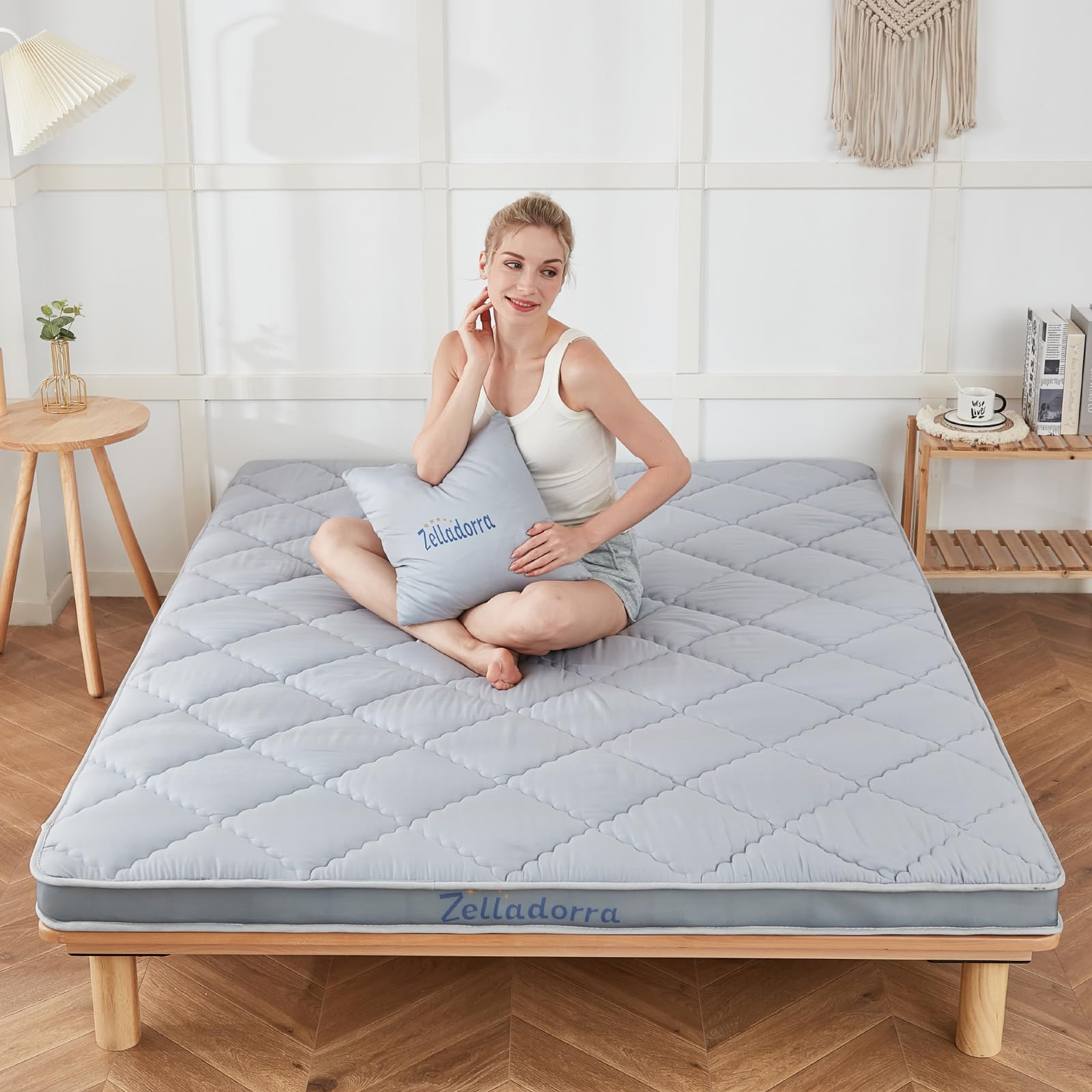 Japanese Floor Mattress, Thick Futon Mattress with Bed Pillow, Roll Up Floor Sleeping Mat Tatami Mattress Suitable for Guest, Camping, Grey