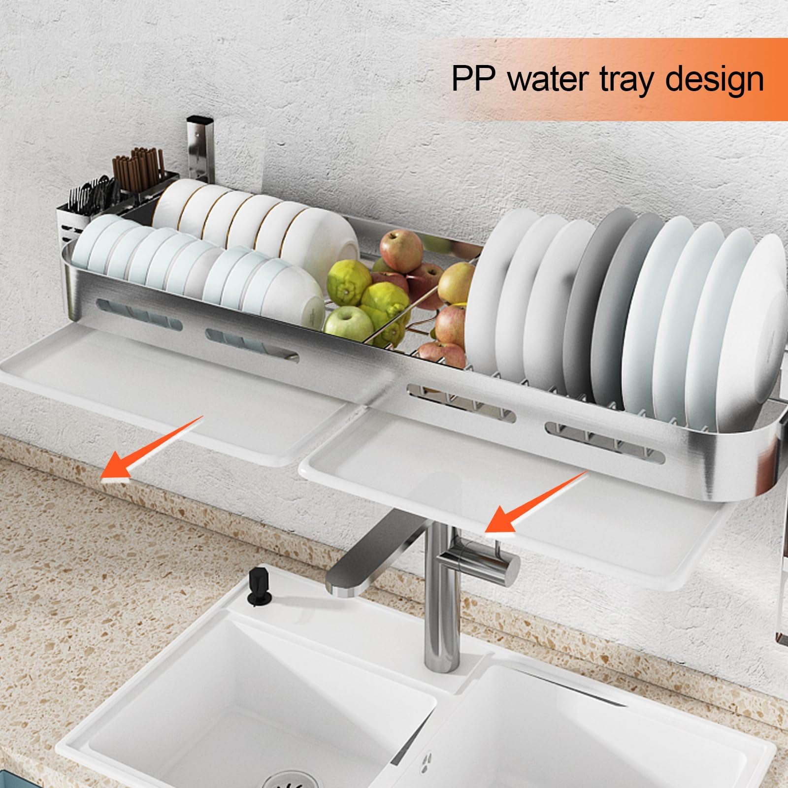 Escurridor de platos de acero inoxidable montado en la pared sobre fregadero, estante de secado que ahorra espacio con bandeja de goteo, solución de secado de cocina duradera, organización eficiente