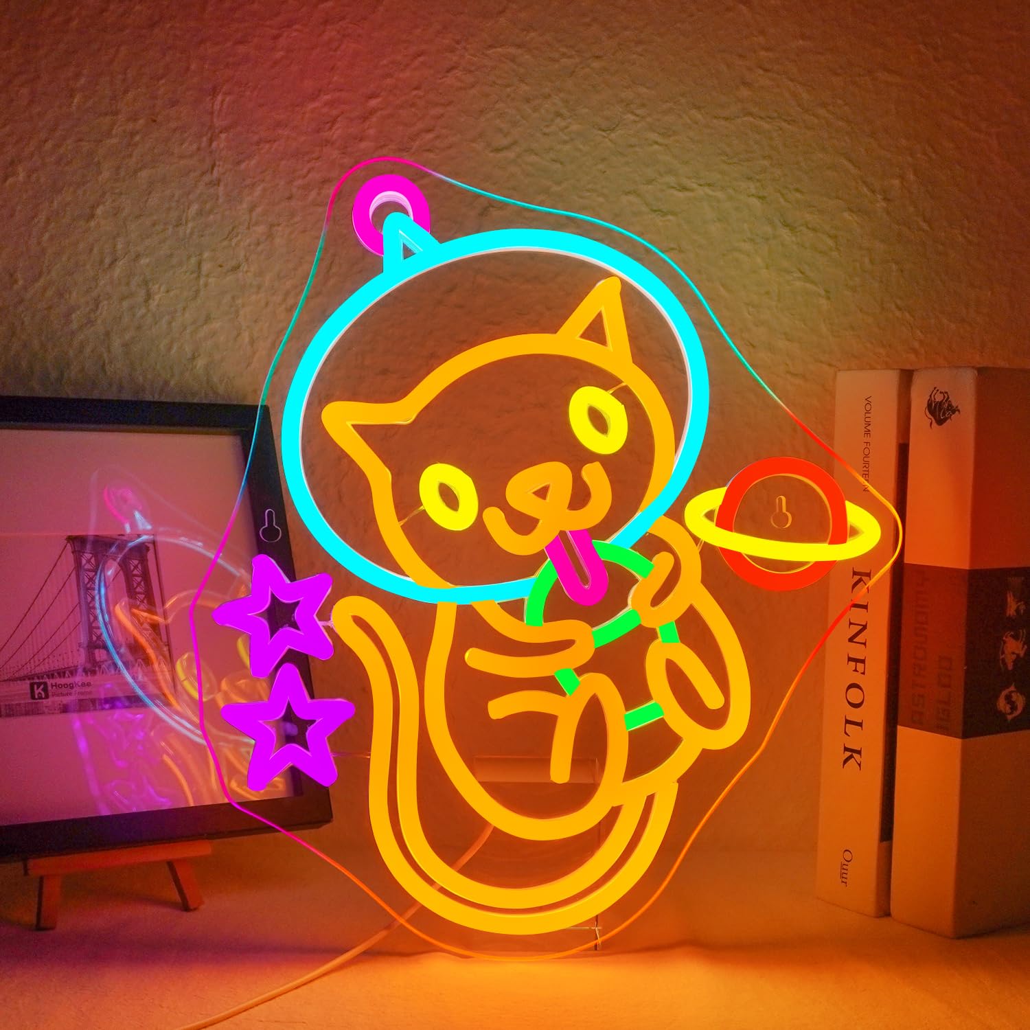 ineonlife Astronaut Milk Tea Cat Neon Sign for Wall Decor Dimmable Cat Neon Light Sign USB Port Led Sign for Milk Tea Shop Children's Room