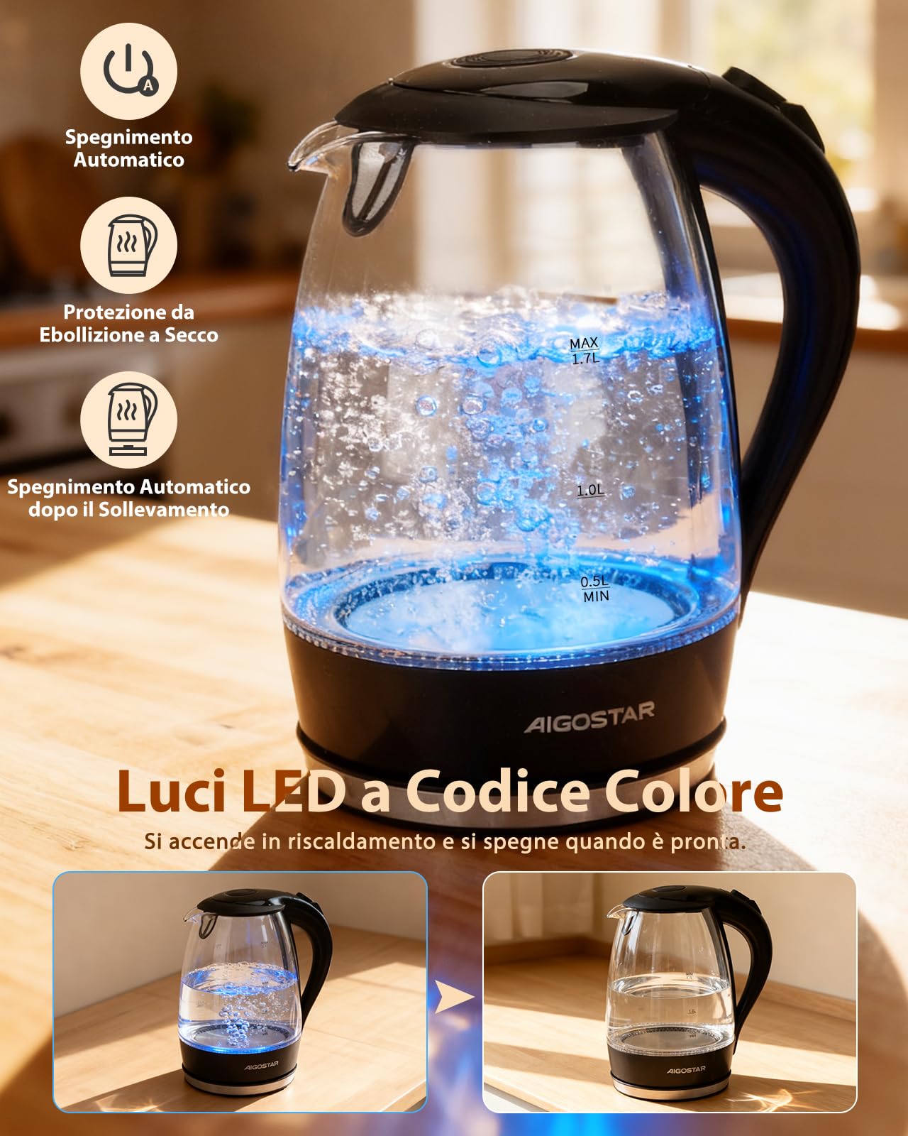 Aigostar Adam - Bollitore Acqua Elettrico in Vetro Borosilicato con LED, 1,7 litri, 2200W, Spegnimento Automatico, Filtro Anticalcare, Base di rotazione a 360° in Acciaio Inox, Teiera Senza BPA Nero