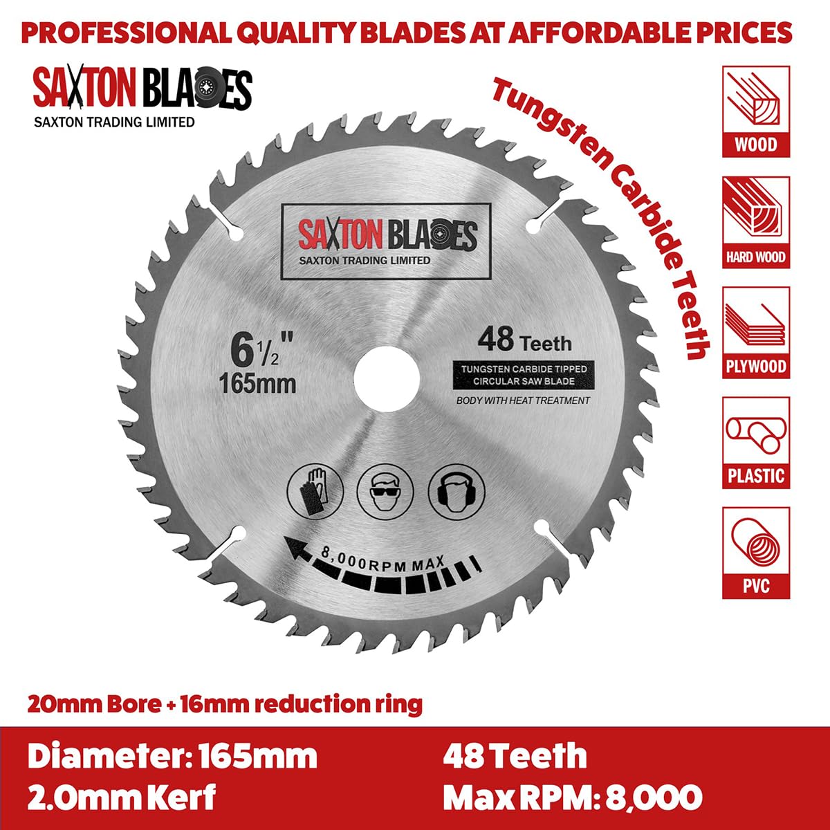 TCT165MXDSK Saxton TCT Circular Lama per legnos 165mm x 20mm (16mm anello) - Confezione D compatibile con Bosch Makita Dewalt etc