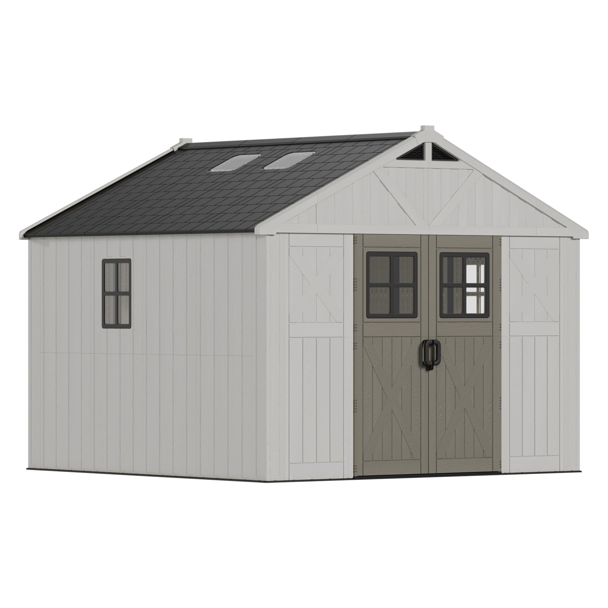 Devoko 10x10 FT Resin Outdoor Storage Shed, beige color, with dimensions indicated.
