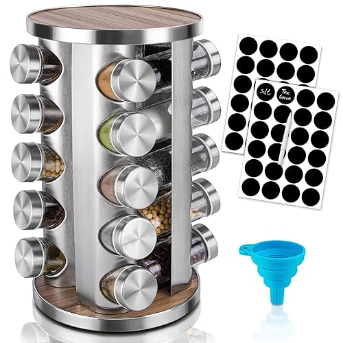dasaka Rotating Spice Rack Organizer with Jars(20Pcs), Seasoning Organizer for Cabinet, Kitchen Spice Racks for Countertop, Revolving Stainless Steel Spice Organizer - Silver