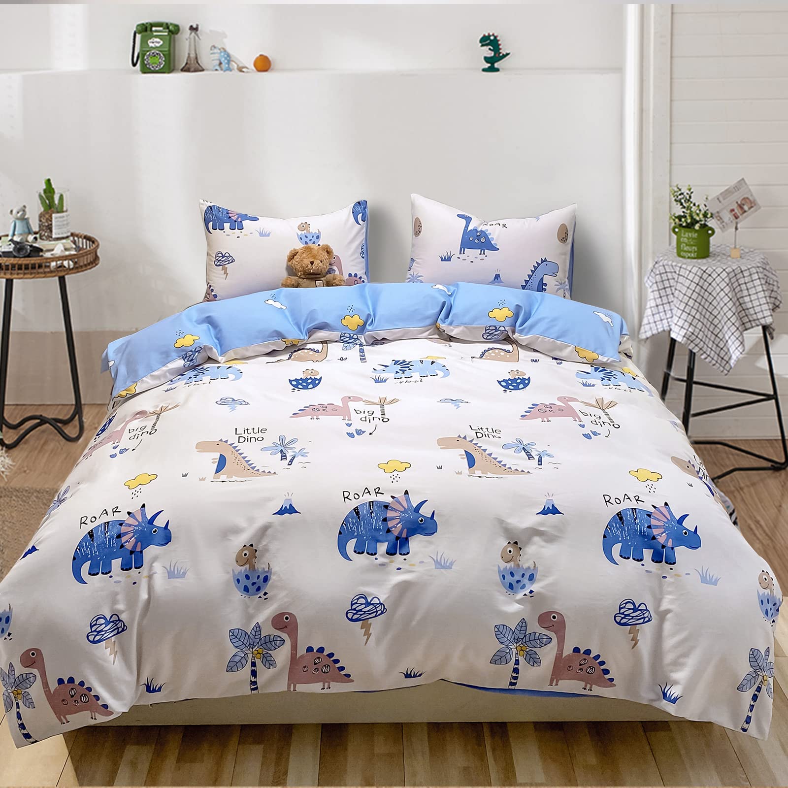 Dinosaur Twin Duvet Cover Set, 100% Cotton Dino Bedding Set for Kids Boys Girls Teens Toddler, 2 Pieces Cute Soft Reversible Comforter Cover Set with Zipper Closure 4 Ties