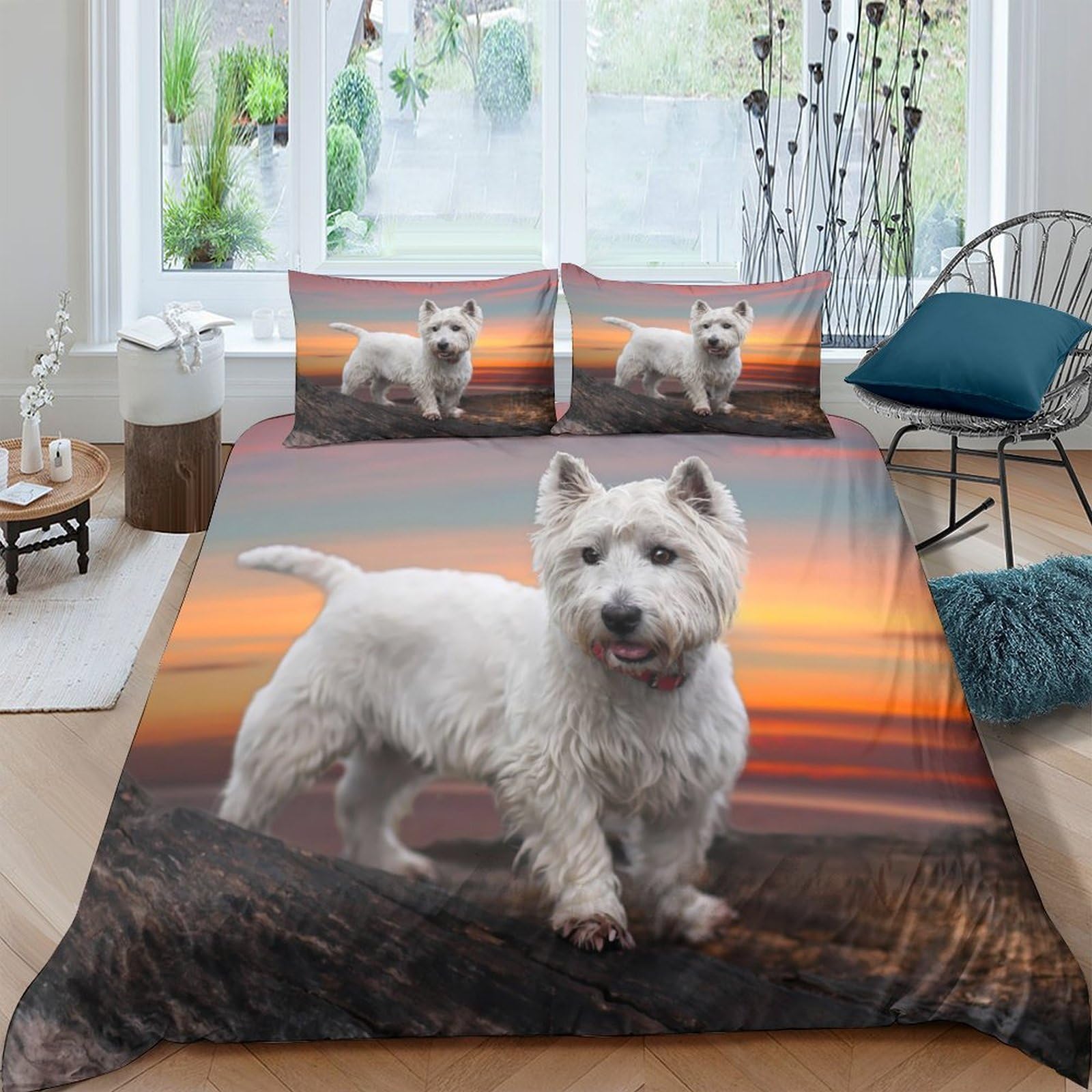 Ctjqhvkz Style-5 3D Printed Sunset Westie Dog Fitted Sheet Microfiber Soft Bed Cover For Bedroom Dorm Mattress Protection Art Decor Single（135X200cm）