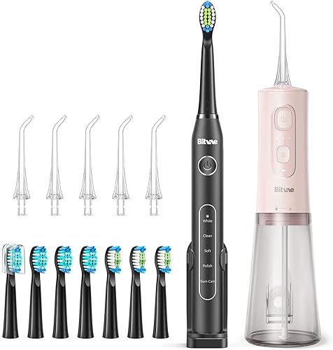 Bitvae Combo de cepillo de dientes y hilo dental de agua juego de limpiador de dientes 5 modos opcionales y 8 cabezales de cepillo cepillos de