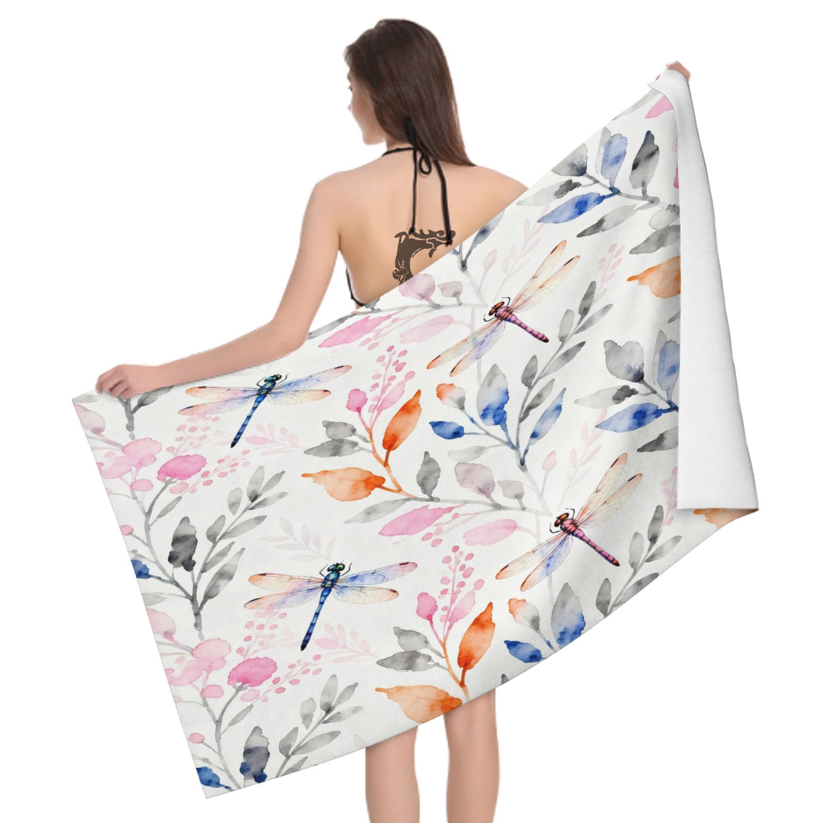Leichong 3D Watercolor Dragonfly Beach Towel Large Microfiber Soft Quick Dry for Adults, Watercolor Printed Bath Towel Lightweight Soft Absorbent for Travel Swimming Pool Sports, 80 x 160 cm