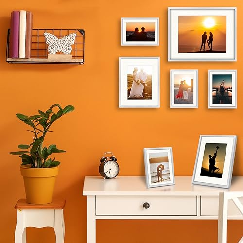 Miniatura 4 de Frametory, Juego de marcos de pared de aluminio para galería con paspartú de color marfil, paquete de 7 marcos de fotos de metal con cristal real,