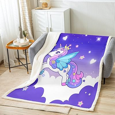Unicorn Kids Throw Blanket Baby 30x40 Inch, Girls Cute Unicorn Bed Blankets Children Boys Teens Bedroom Decor Cute Animal Sherpa Blanket Galaxy Stars Purple Blue White Fuzzy Blanket for Sofa Bed Couch
