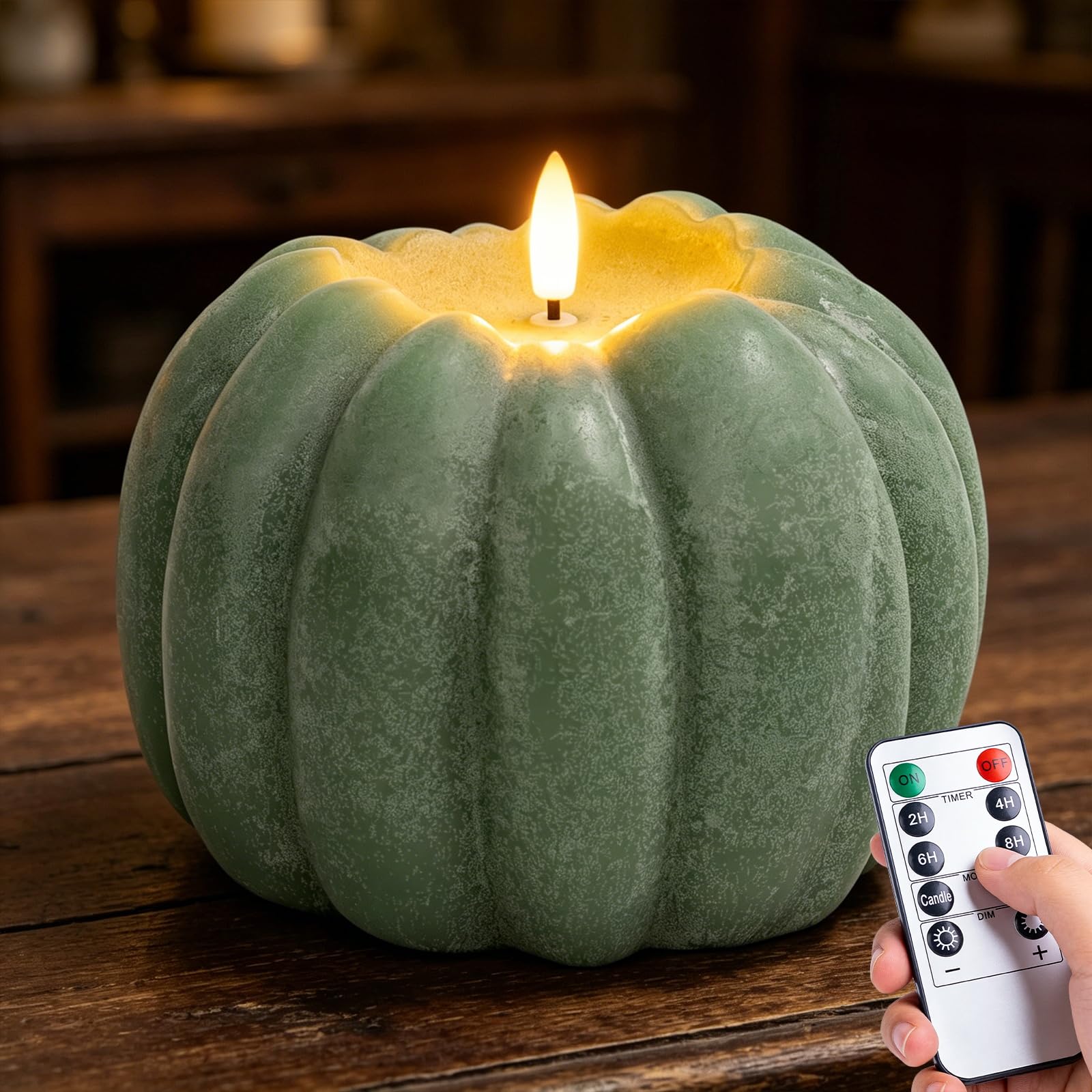 Vela sin llama con forma de calabaza verde salvia para otoño 8