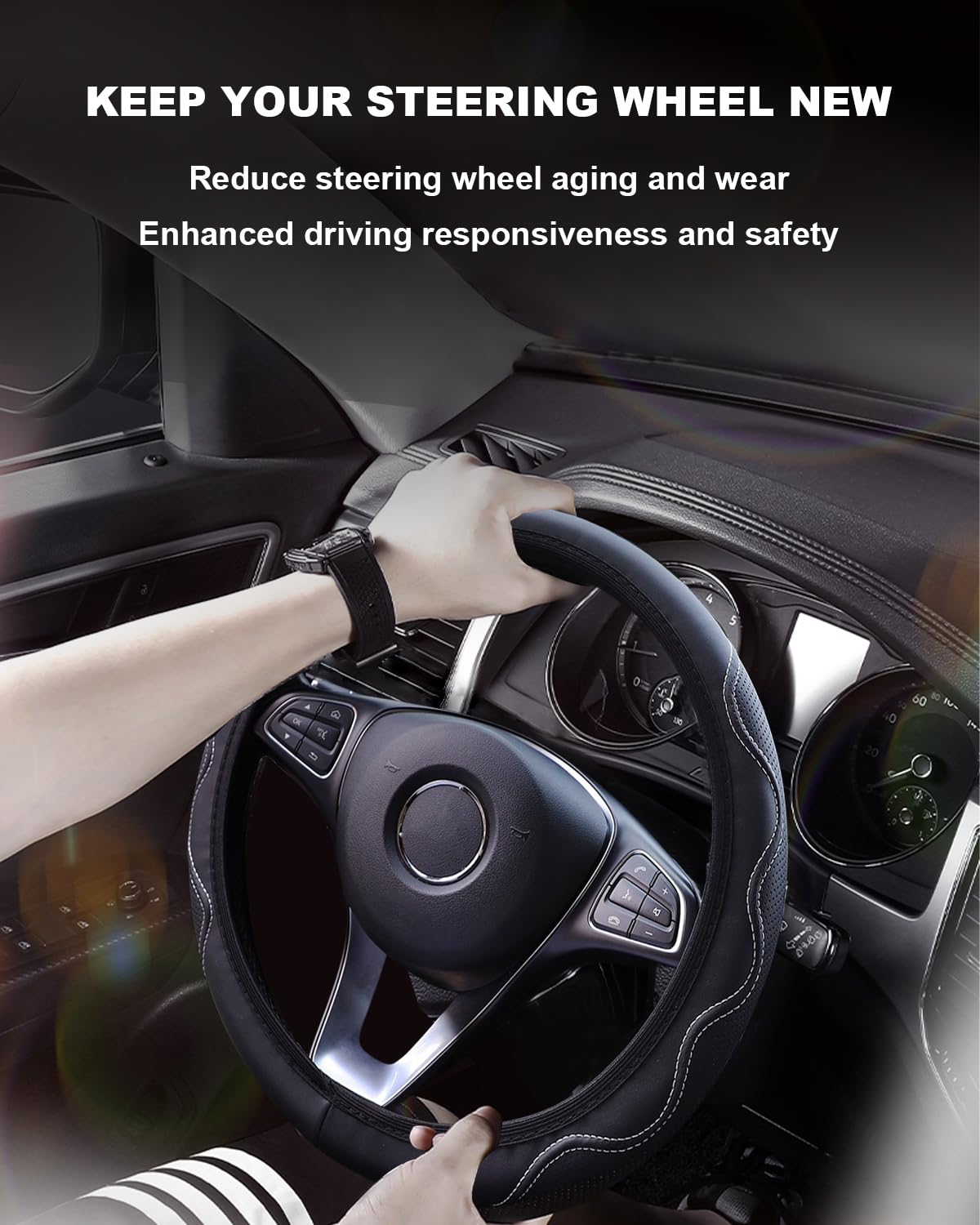 Rueesh Funda De Cuero De Microfibra Para Volante De Coche, Acolchado Suave, Duradera, Sin Olor, Funda Universal De 15 Pulgadas, Patrón De Relieve Antideslizante, Color Negro Con Línea Roja