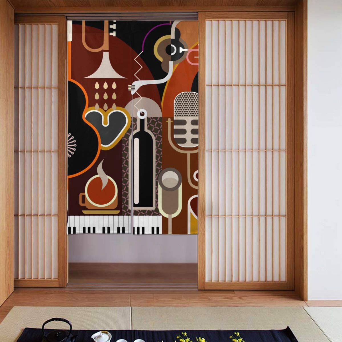 Amazon のれん カーテン 抽象音楽の背景 ベクトルイラスト 楽器とのコラージュ 柔らかい おしゃれ 玄関 キッチン リビング 台所 飲食店 出入り口 開店祝い 新築祝い 仕切り 遮光 暖簾 カーテン 幅86丈143cm のれん オンライン通販
