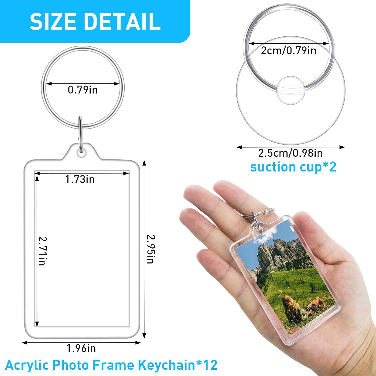 12 Pcs 3"x2"Acrylic Photo Frame Keychain with Split Ring