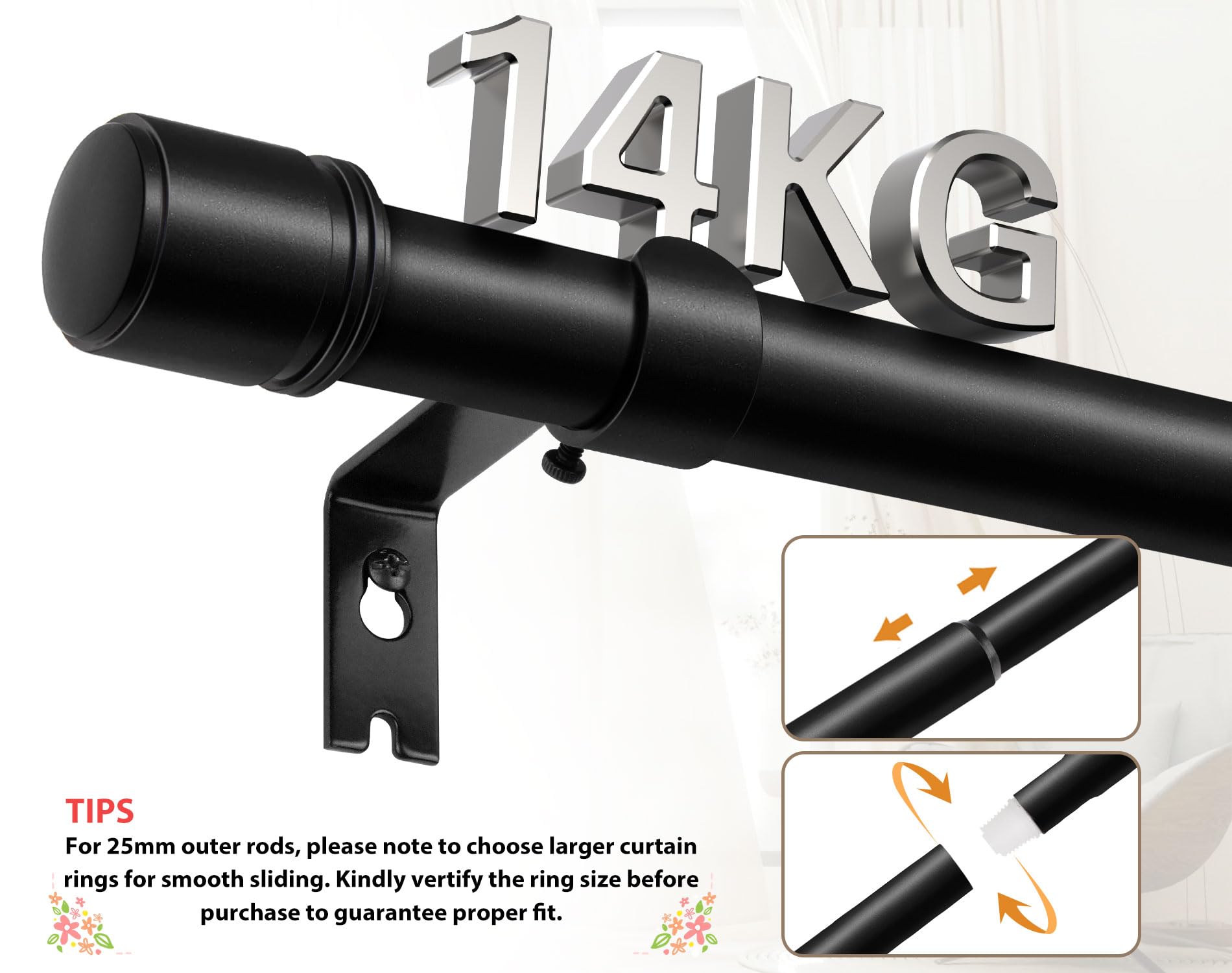 HOTOZON Czarne karnisze 80-148 cm, wysuwane karnisze do zasłon z oczkami, Ø 25 mm, regulowany, karnisz okienny z nasadkami