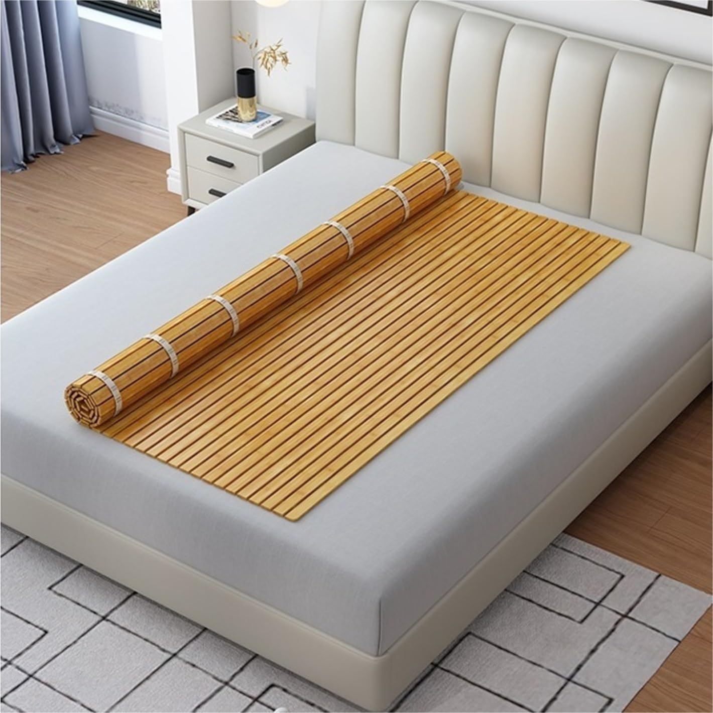 Colchón refrescante, tapete plegable para dormir de verano, base de cama de madera transpirable para máxima comodidad, diseño enrollable, 1,35 x 1,9 m, soporta la calidad del sueño