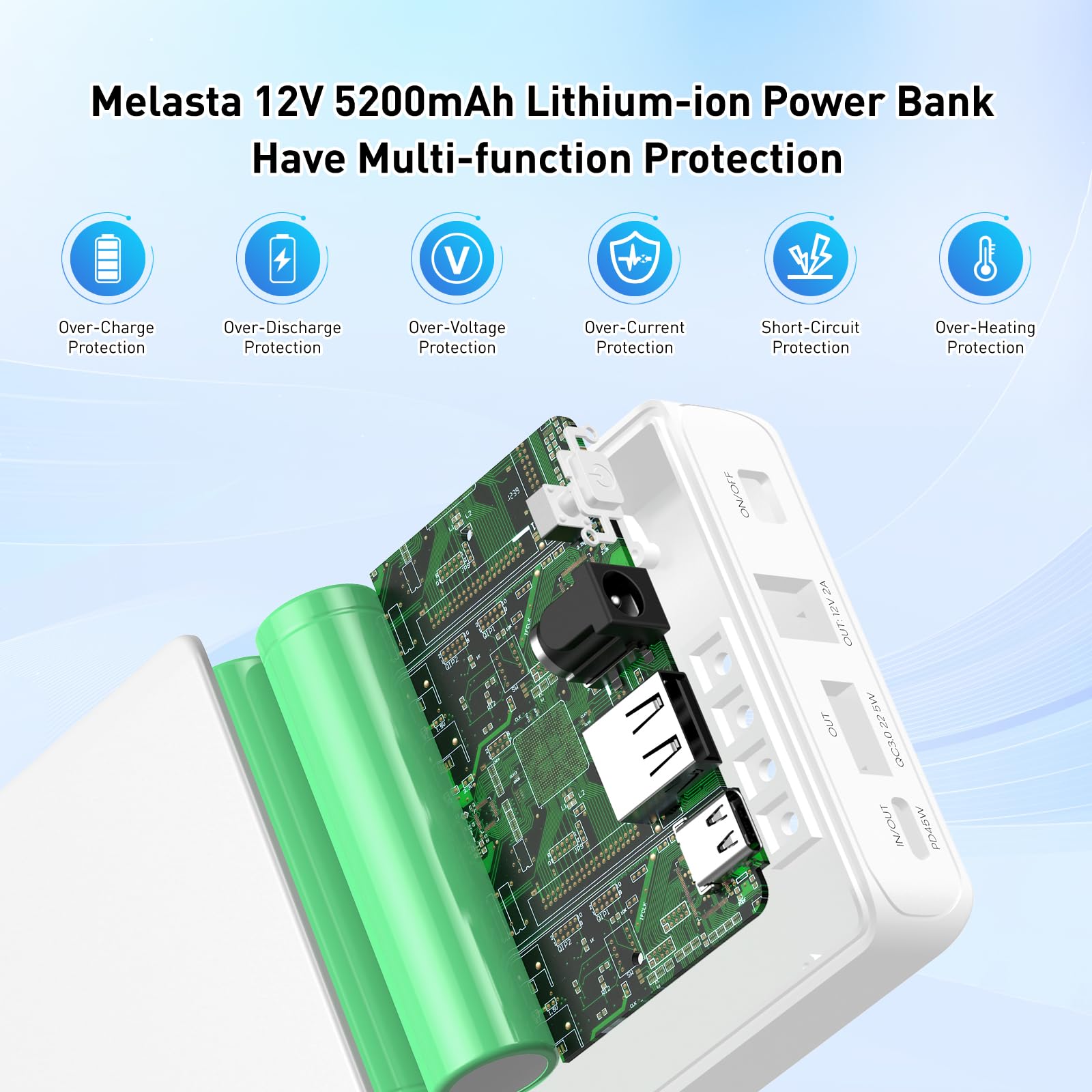 melasta 5200mAh Powerbank, Batterie Externe 12v avec Port 3 en 1, PD 45W USB-C Port de Charge Rapide | 12V/2A DC Port | QC3,0 22,5W USB-A Port, Batterie Externe Rechargeable pour Téléphones Portables