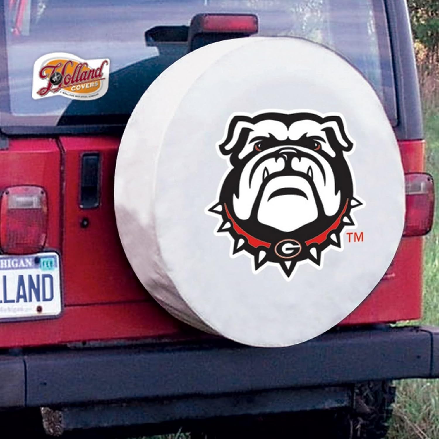 University of Georgia (Bulldog) Tire Cover - Size I - (28"x8") on White Vinyl