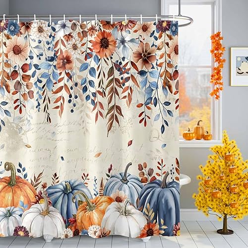 Cortina de ducha vintage de otoño, naranja y azul, calabaza, impermeable, tela de eucalipto, lavable con hojas lloronas, juego de cortinas de ducha