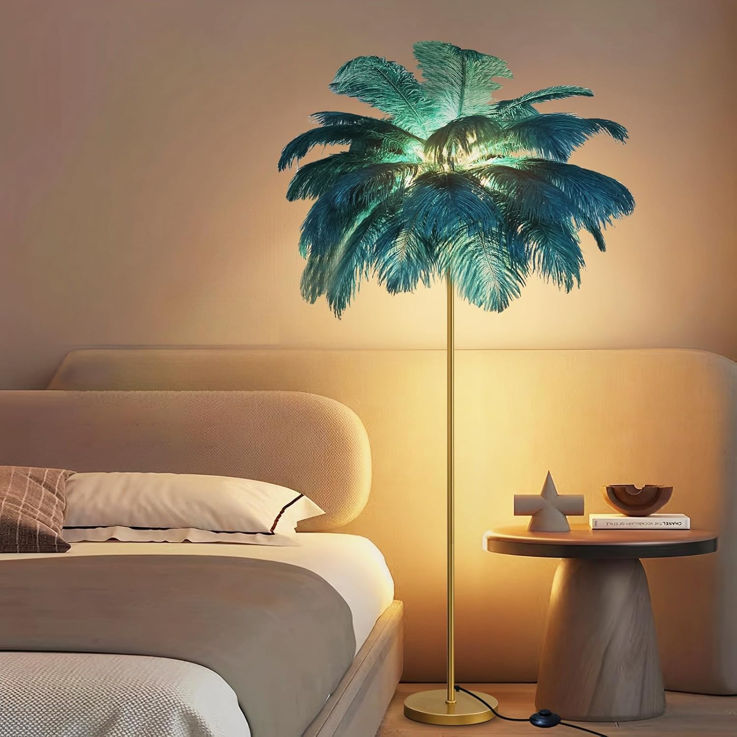 Atwnjkp Ostrich Feather Lamp Feather Floor Lamps,62“ Simple Modern Blue Feather Bedroom Standing Lamp,3 Colors Led Bulb,Decorative Lamp for Living Room Bedroom Office Nursery Hotel Girl Room