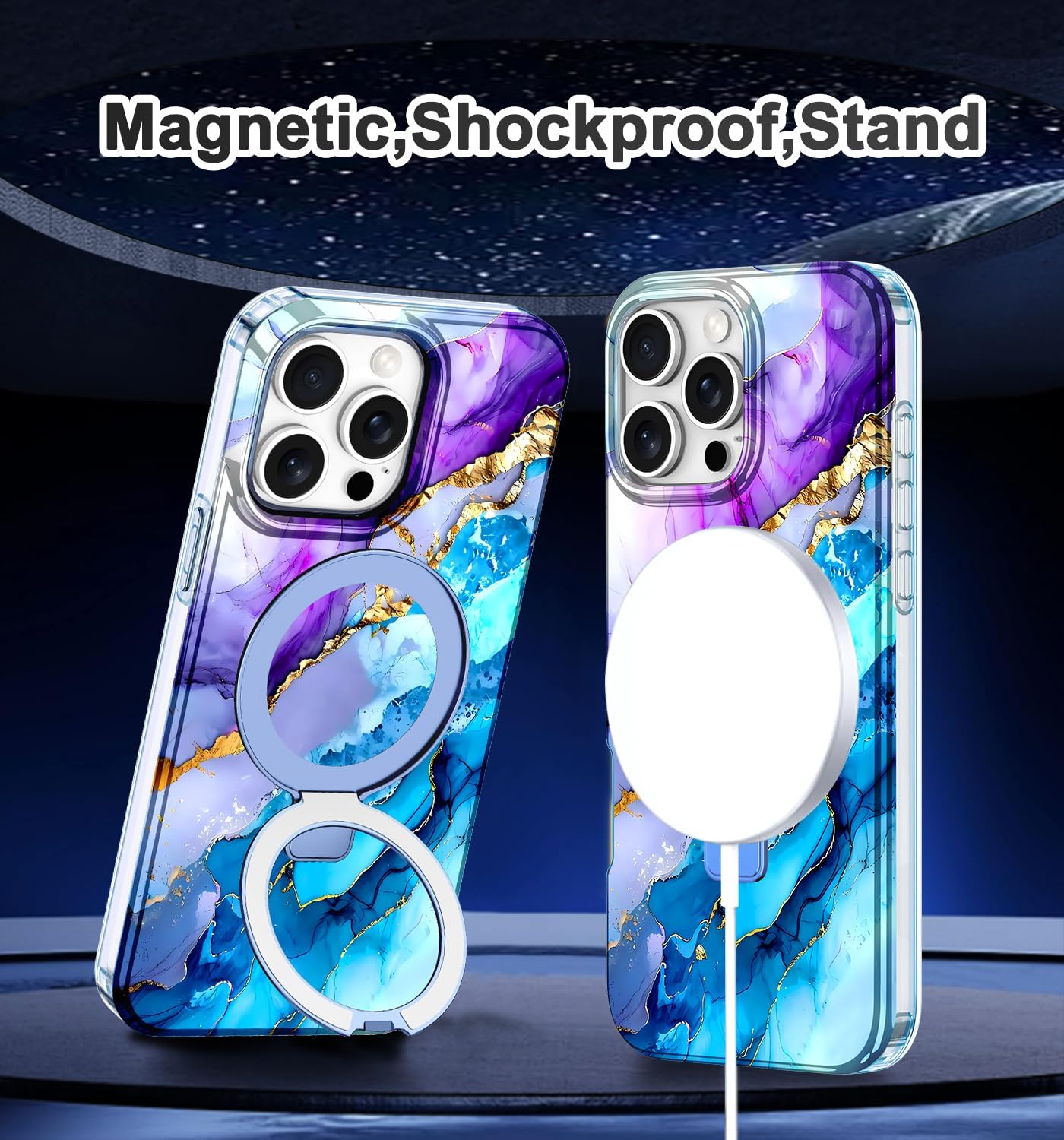 Lamcase for iPhone 16 Pro Max Case with Magnetic Invisible Ring Stand [Compatible with MagSafe], Full Body Rugged Slim Women Men Girl Shockproof Marble Pattern Design Case, Purple/Blue - Image 7