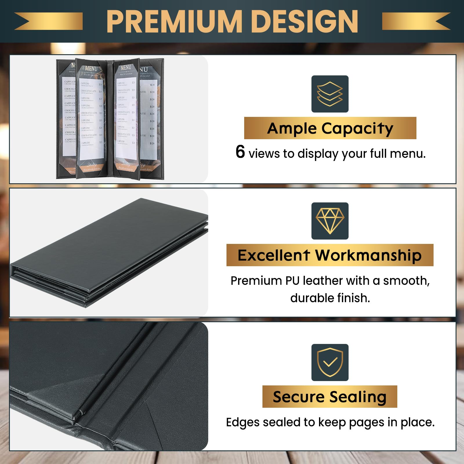 Fundas para menús de 4.25 x 11 pulgadas, paquete de 10 fundas de cuero negro para menú, estilo libro, para restaurante, cafetería, bar, lista de vinos (6 vistas, 10 unidades)