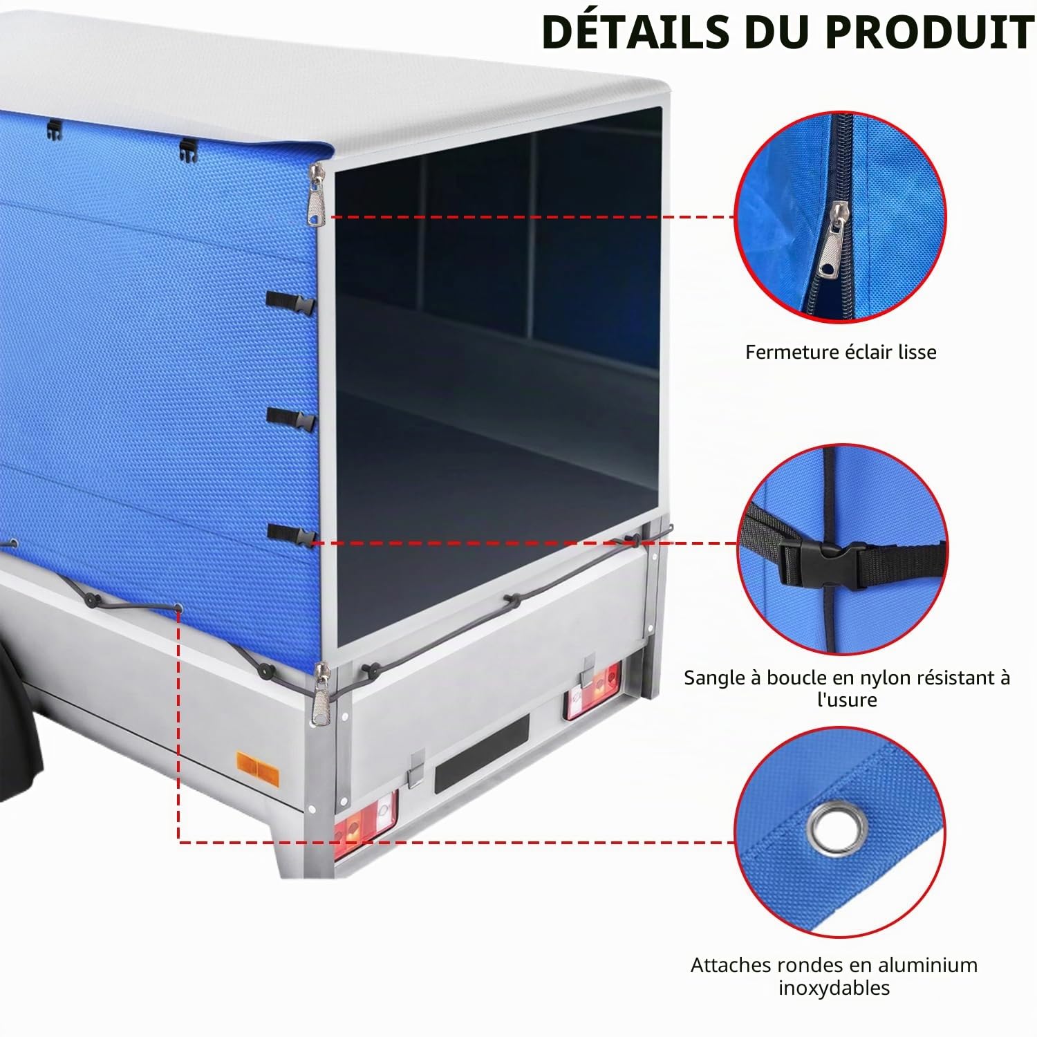 Bâche de Remorque Haute Performance, Bâche de Protection Tous Temps Durable avec Corde, Tissu Oxford 600D, Bâche de Couverture pour Remorques de 750 kg (avec Fermeture Éclair à l'Arrière)