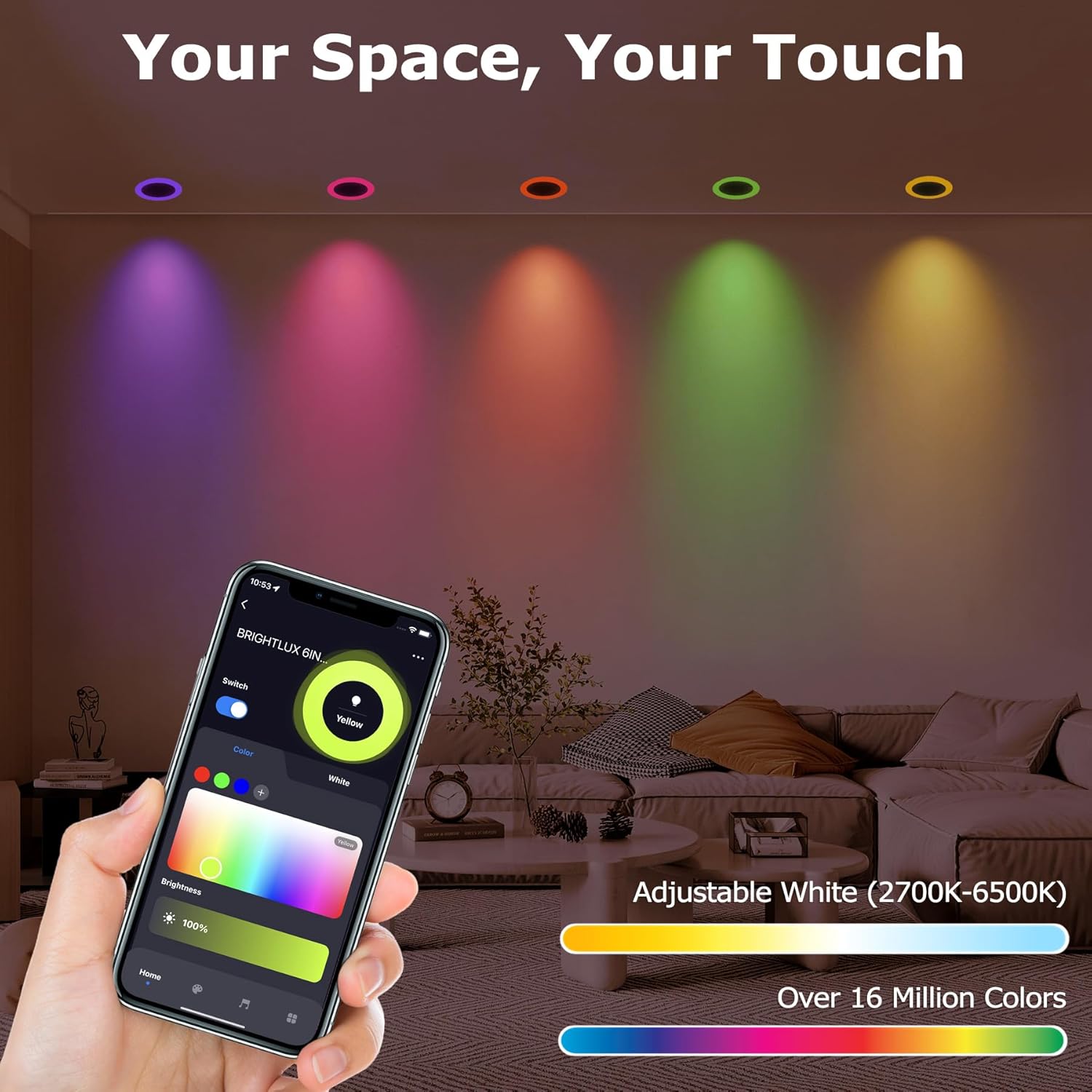 Smart Recessed Lighting 6 Inch Color Changing and Tunable White 12W Downlight with RGB Night Light, 1000 Lumen LED Down Light, Tunable White for Main Light(2700K-6500K), ETL,6PK