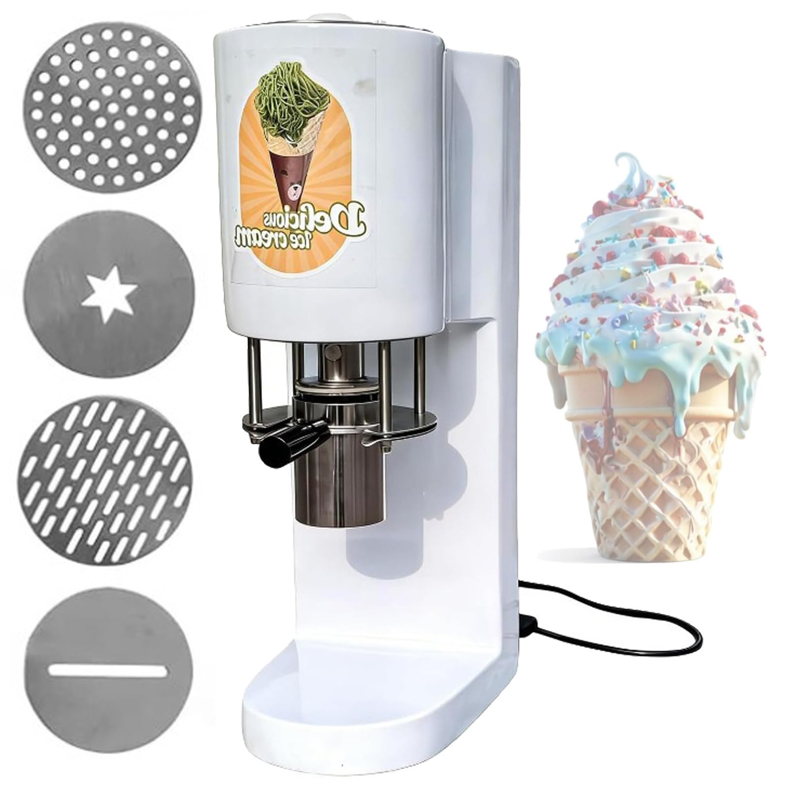 DOZPAL Professional Ice Cream Noodle Extruder Kit - Spaghetti Ice Cream Maker Commercial Spaghetti Ice Cream Press with 4 Interchangeable Molds, 28-30 L/h Output White