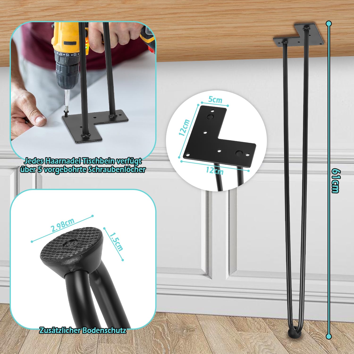 Hairpin Legs - Gambe da tavolo in metallo, colore nero, 12 mm, gamba a 2 aste, 61 cm, 4 pezzi