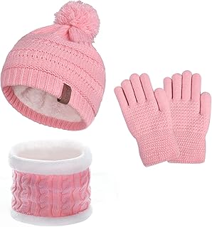 Kids Winter Beanie Hat Toddler Gloves Girls Infinity Scarf Youth Neck Warmer Warm Fleece Pom Cap Pink Thermal Knit Set 6-10 Years Old, Gorros Gorras Bufandas Para NiÃ±as NiÃ±os, Gifts for Childrens