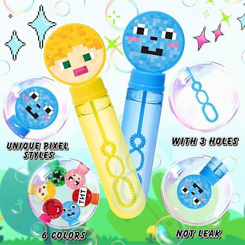 Miniatura 5 de KELENO 24 burbujas de píxeles para fiesta, suministros de cumpleaños de minero para niños, mini varitas de burbujas, caja a granel, regalo de