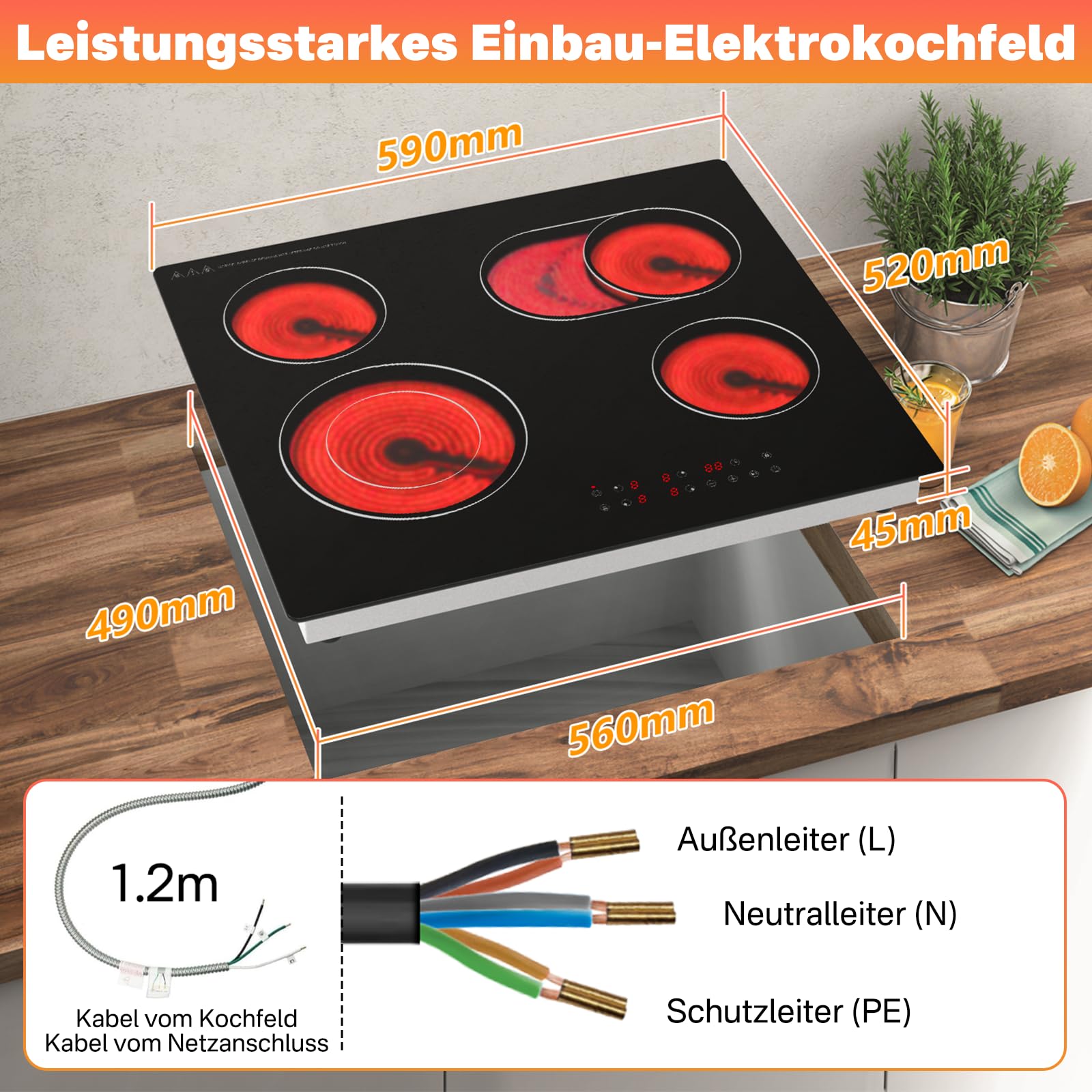 60 cm Glaskeramik Kochfeld 4 Zonen, Infrarot Elektrokochfeld Einbau 230V, 9 Leistungsstufen, Timer, Pause, Warmhaltefunktion, Kindersicherung, EU46T1-1R