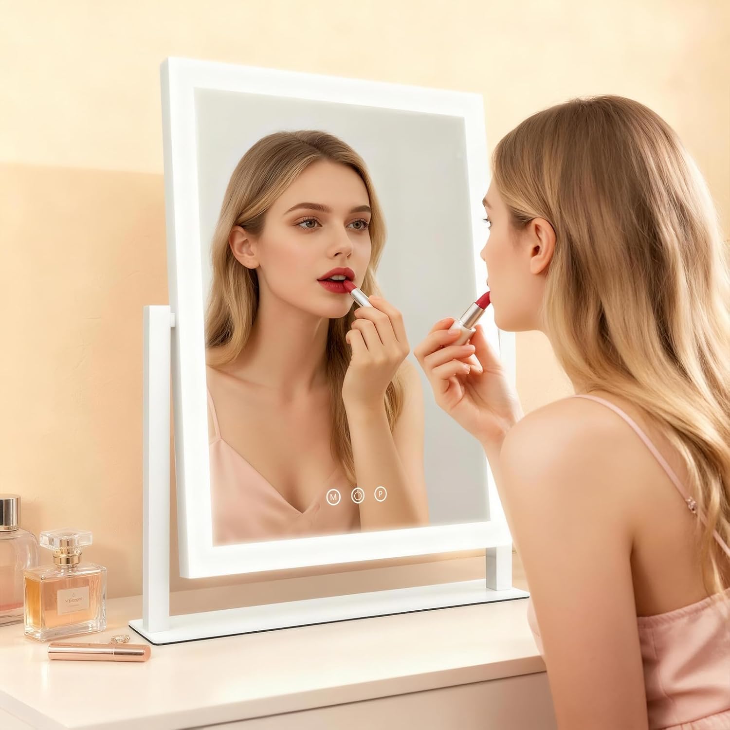 Condition photo showing New/Like New for ROLOVE Vanity Mirror with Lights, Three Colors Lighting Mode, 360°Rotation, Lighted Makeup Mirror wih Stand for Desk, Bedroom, Dorm, Gifts for Women, 13x16 Inch White 16"L x 13"W