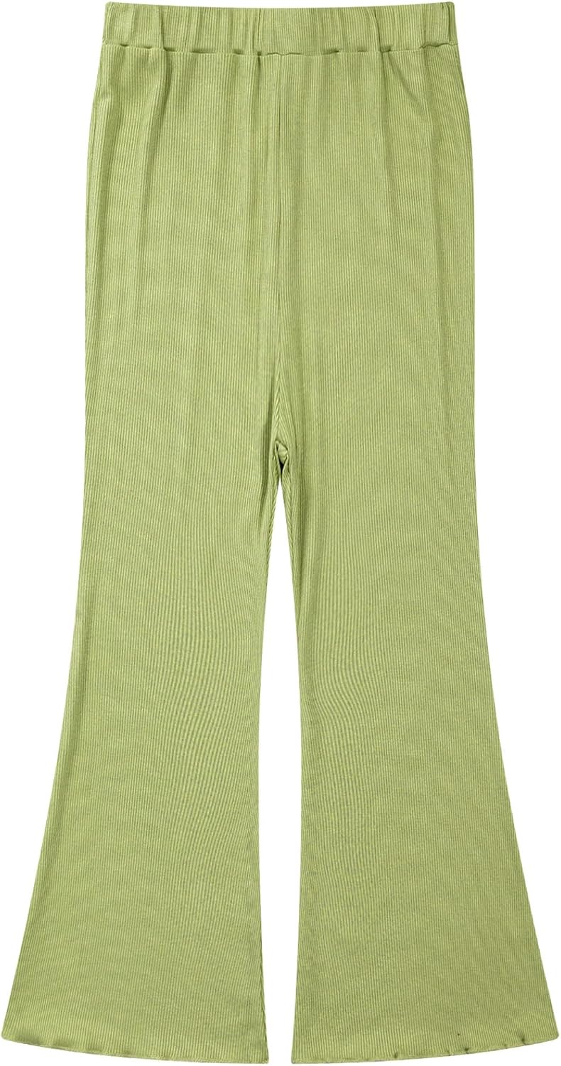 Kids Girls Ribbed Ruffle Flared Trousers Yoga Workout Running Bell Bottom Leggings Modern Street Dance Pants