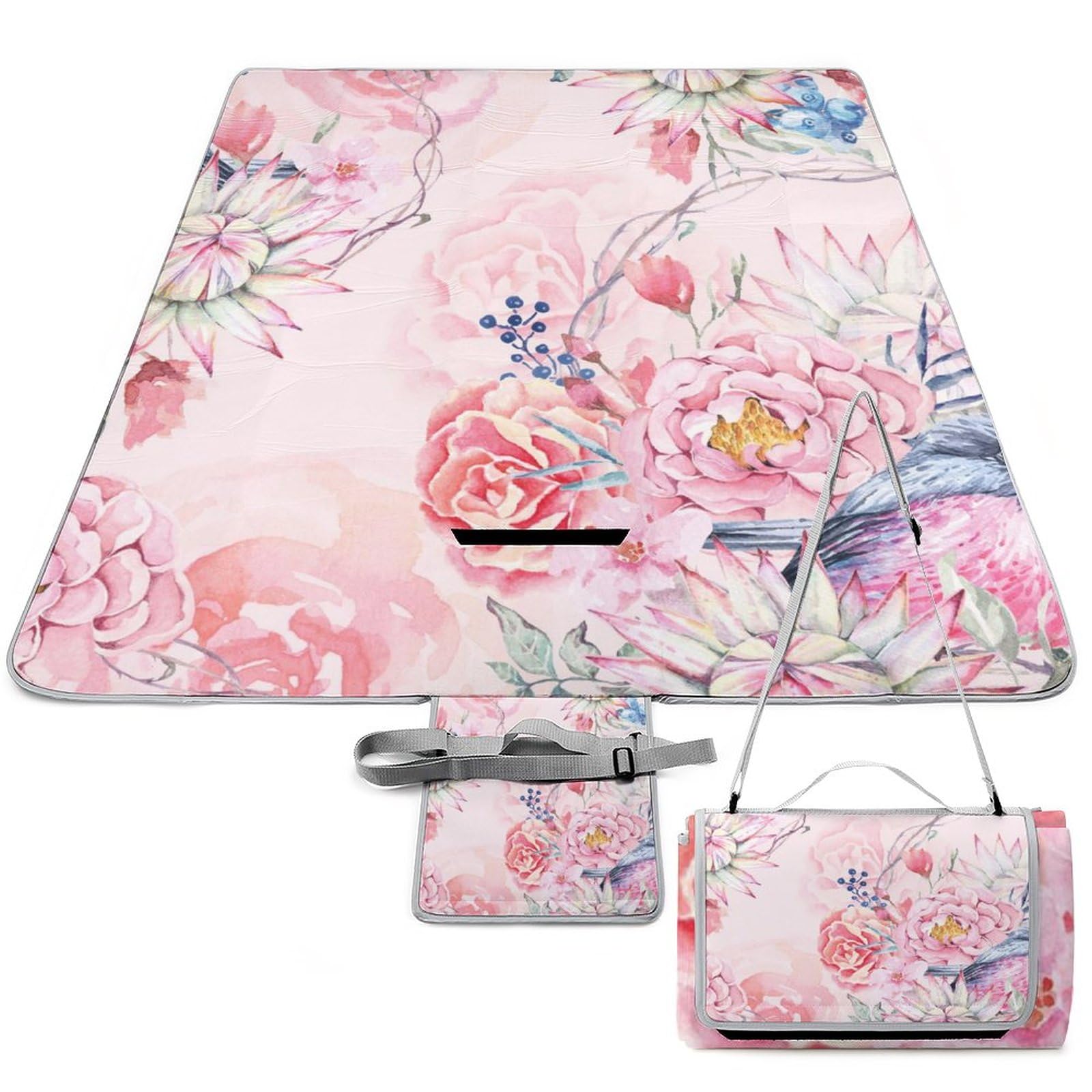 Bird-Blooming-Flowers Picnic Blanket Waterproof Foldable, Large Outdoor Picnic Blanket Beach Blankets Camping Blanket Travel Mat, Shoulder Strap Tote, Rectangle 58x58in