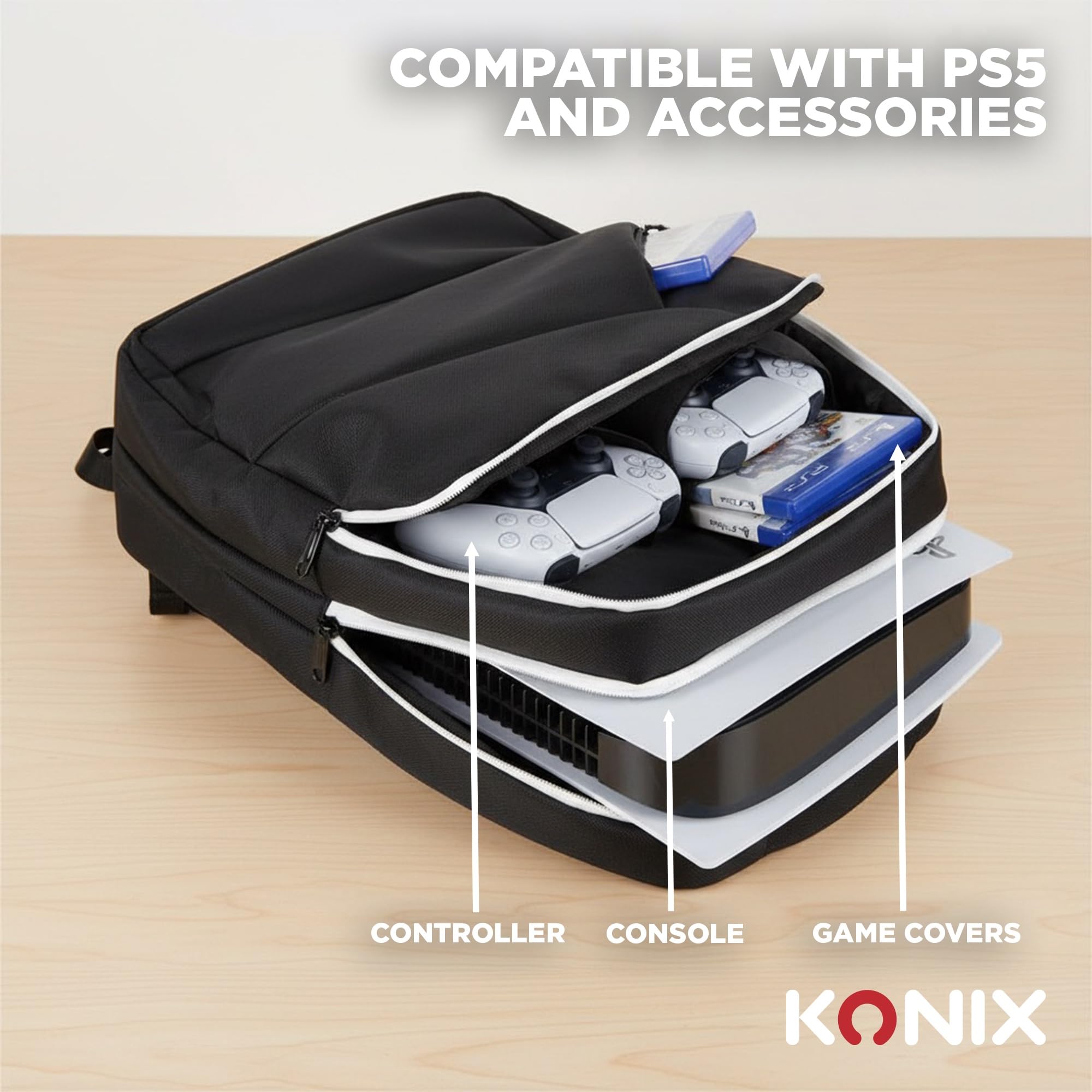 Konix Mythics Titan Mochila para Almacenamiento y Transporte de Consola y Accesorios PS5 - Volumen 16 l - 30 x 10 x 47 cm - Negro y Blanco