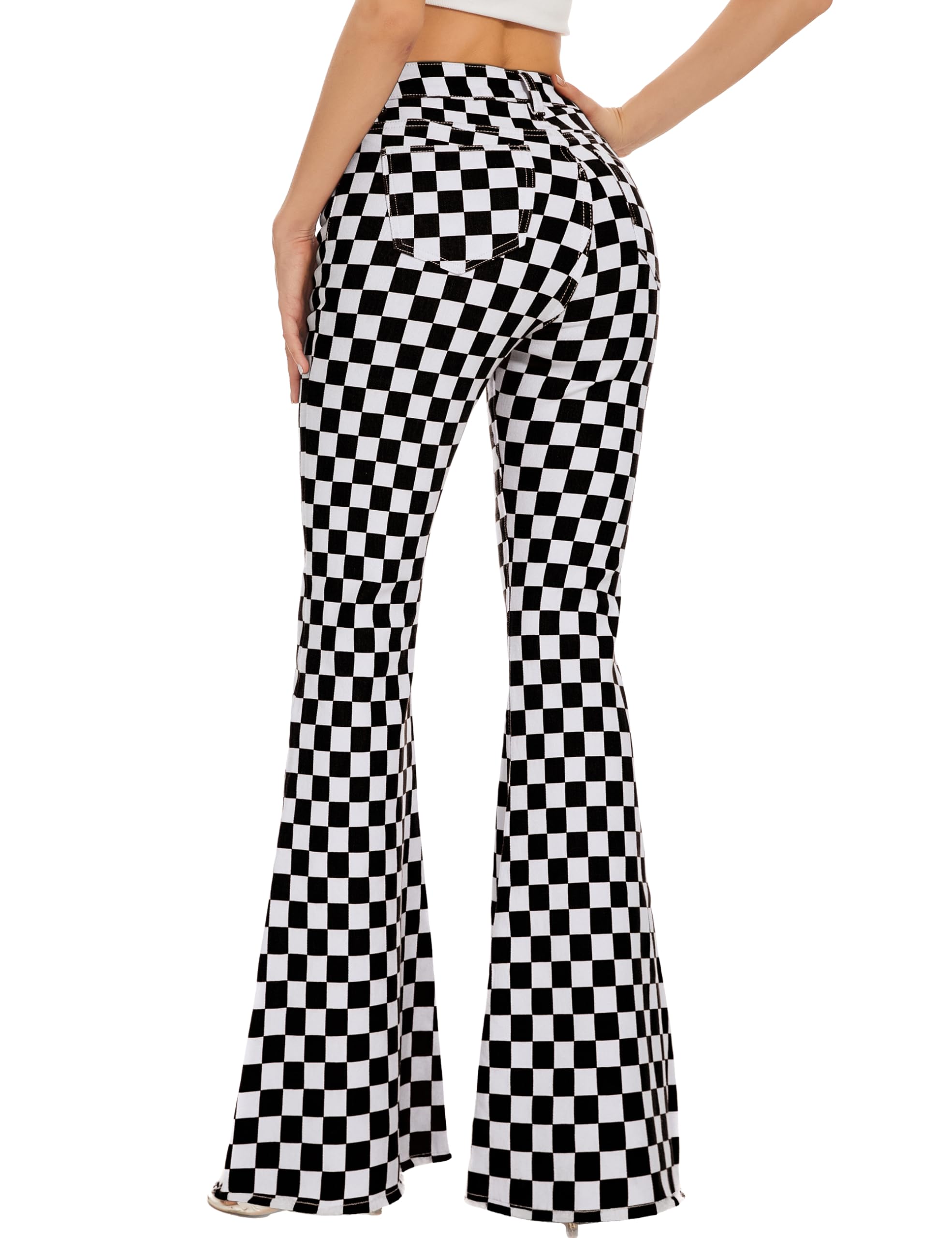 Odefou Plaid Print Bell Bottoms Jeans, Cuadros Blancos y Negros 2, 0 US para Mujer