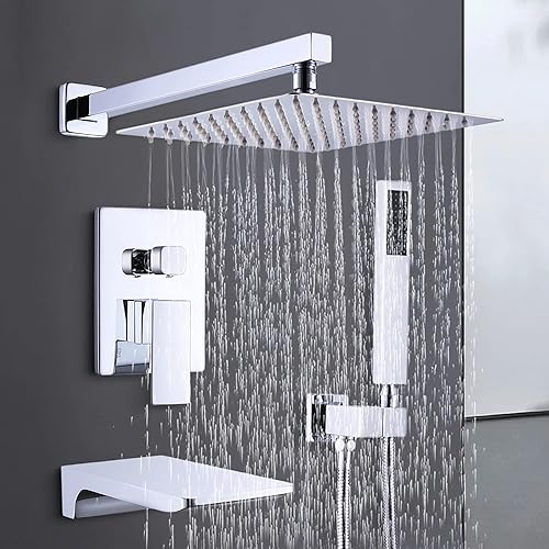 Sistema de ducha de lluvia con boquilla de cascada para bañera kit de moldura de ducha de 3 funciones juego de grifo de ducha cuadrado con cabezal