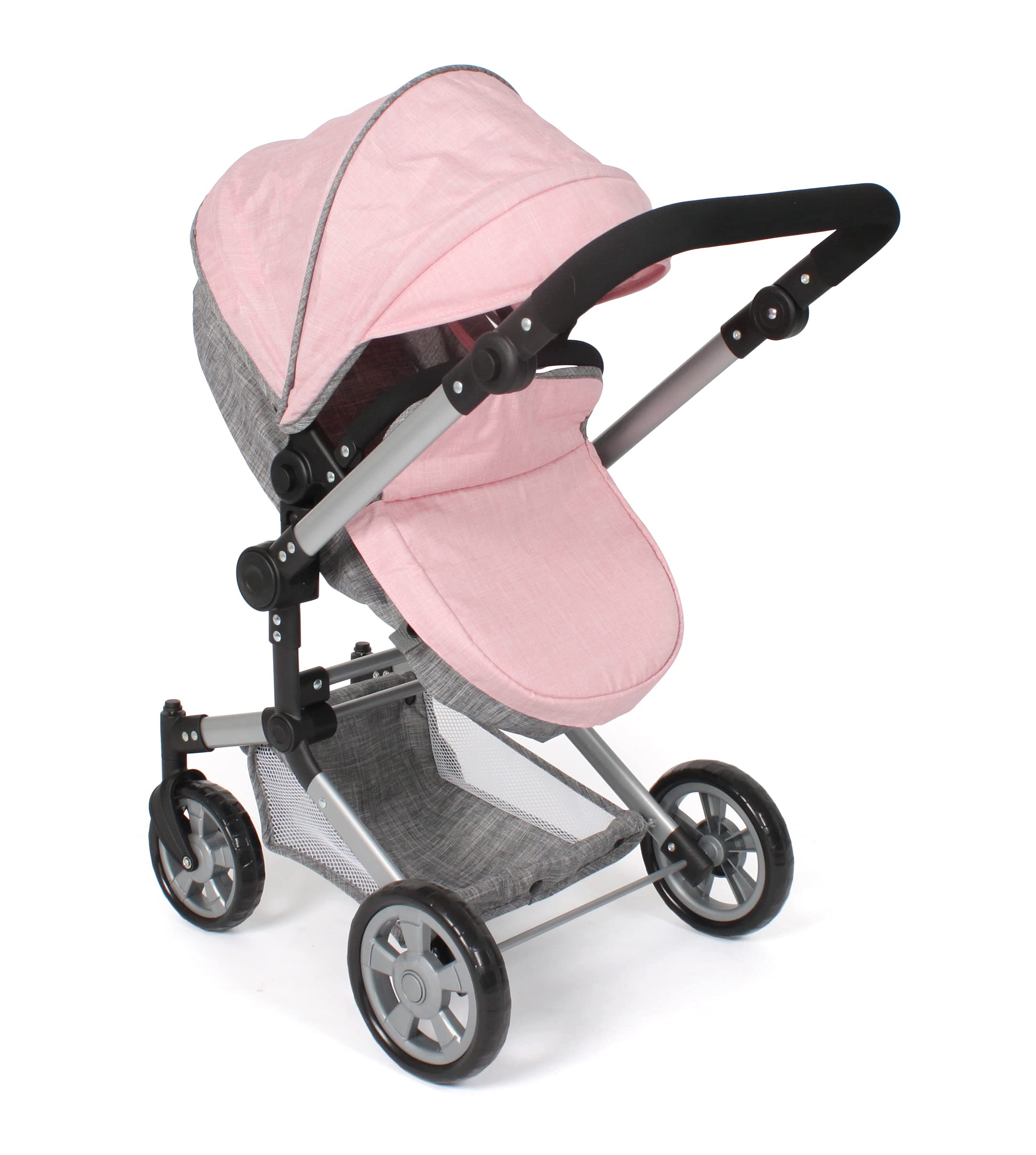 Bayer Chic 2000 Puppenwagen Linus | 2in1 Kombi-Buggy Melange Grau-Rosa | Großer 2in1 Kombi-Puppenwagen mit umwandelbarer Wanne für Puppen bis 52 cm. Melange Grau-Rosa, hoher Griff 47-78 cm.