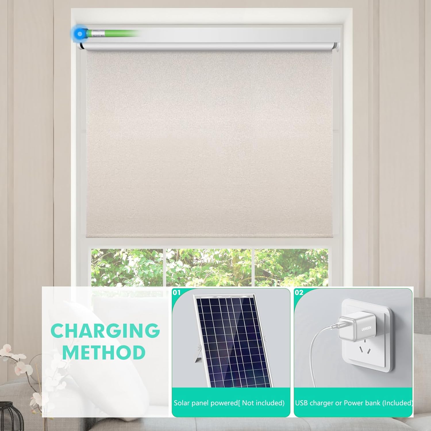 Diagram showing two charging methods for the motorized blind: 1. Solar panel (not included) and 2. USB charger or power bank (included).