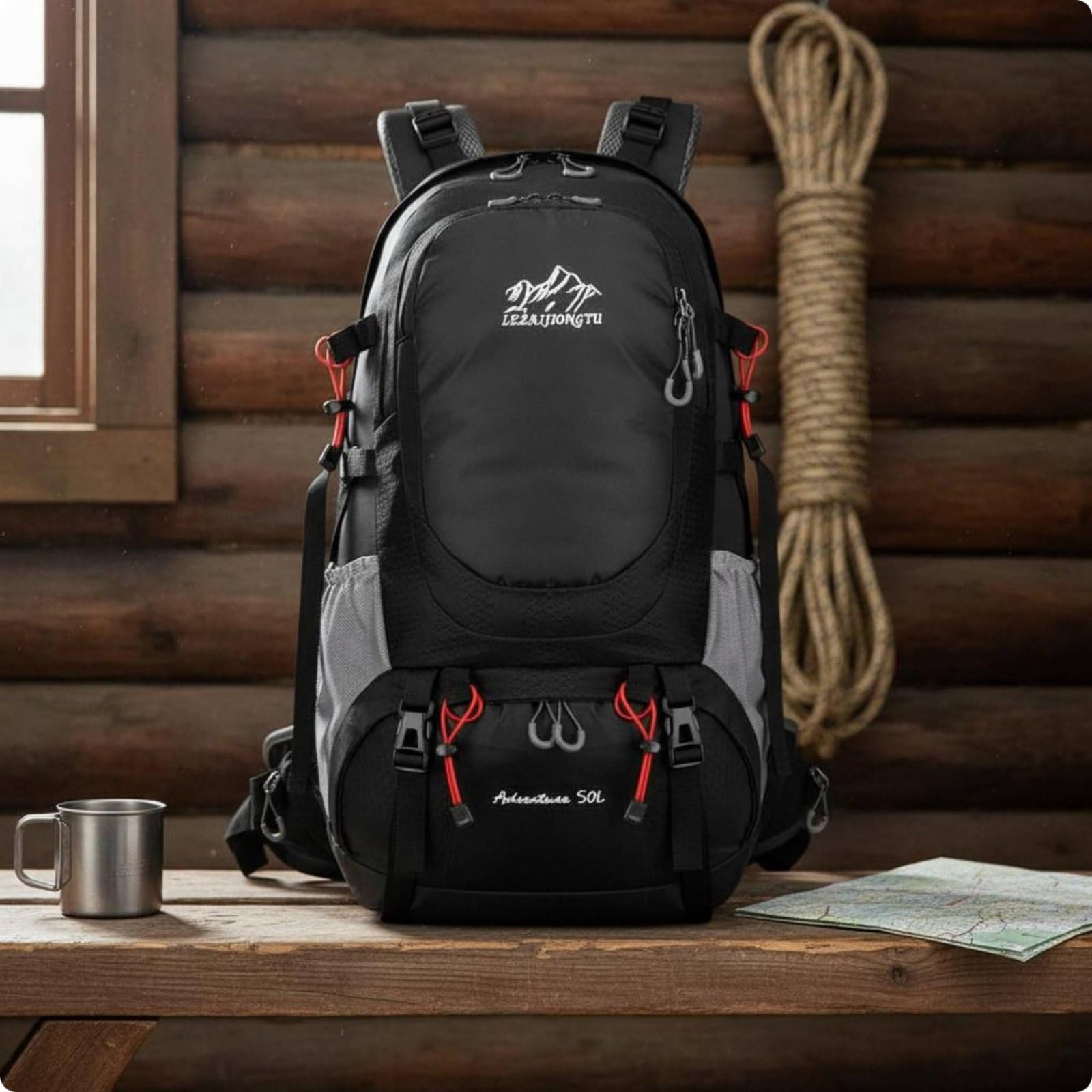 Almencla Rucksack Herren Trekking Wanderrucksack Reiserucksack Outdoorrucksack 50L Wettergeschützt mit Regenhülle Wasserabweisendes Gewebe Komfortable, Grau, Hellgrau, 36-55L